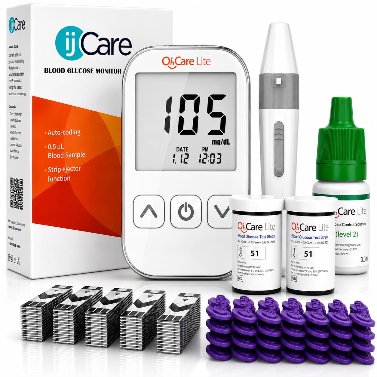 Oh’Care Lite Blood Sugar Test Kit – Blood Glucose Meter with Strips and Lancets, Lancing Device, Log
