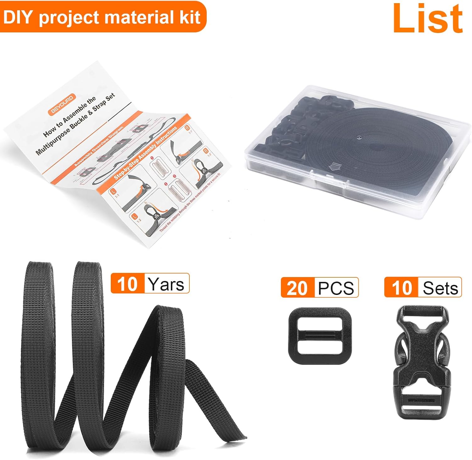 BEYOURD Buckles and Straps Set 1": 6 Yards of Thick Nylon Webbing, 6-Pack Heavy Duty Adjustable Quick Side Release Plastic Buckles