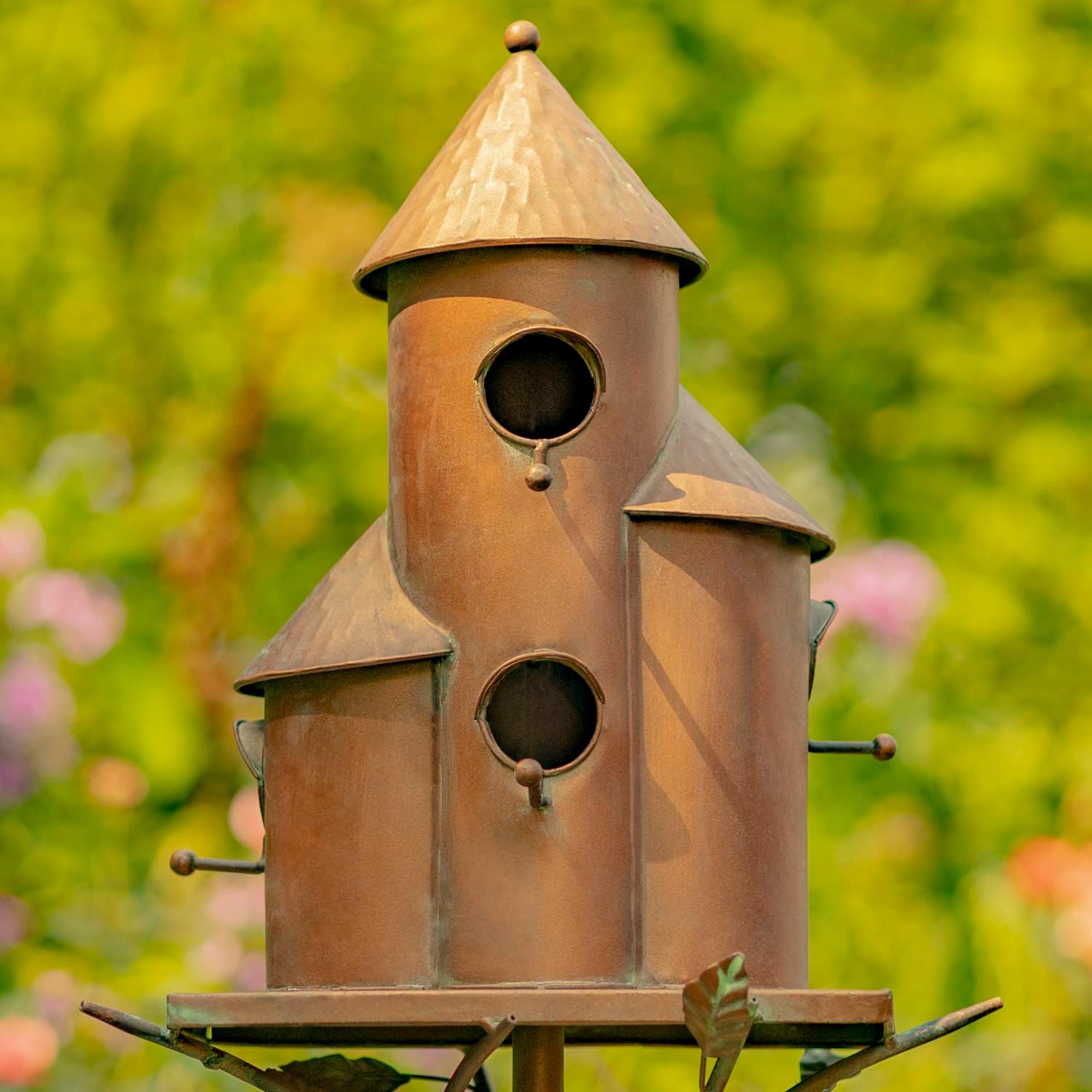 Large Copper Colored Multi-Birdhouse Stakes, Room for 4 Bird Families in Each (Cube Homes with Pyramid Roofs)