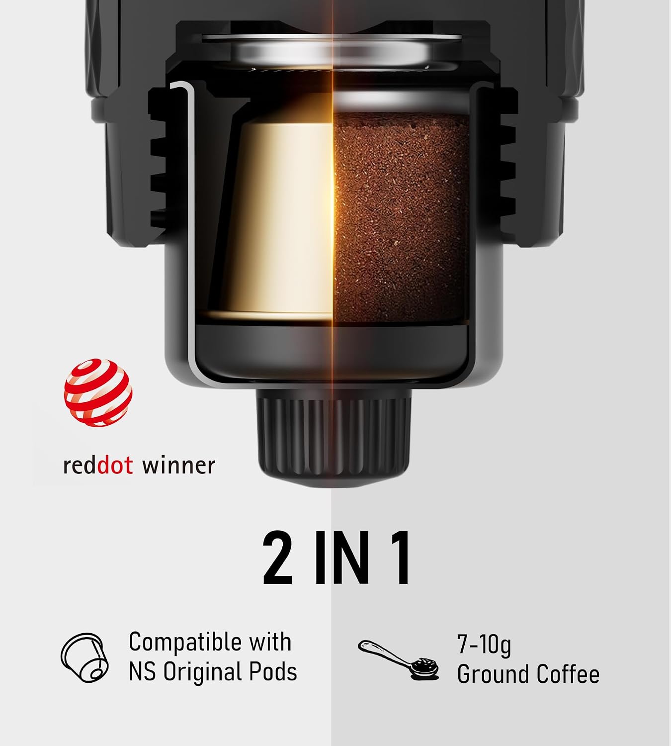STARESSO Classic Manual Espresso Maker, 2 IN 1 Travel Coffee Machine | Compatible Ground Coffee & NS Original Pods, Stainless Steel Water Chamber