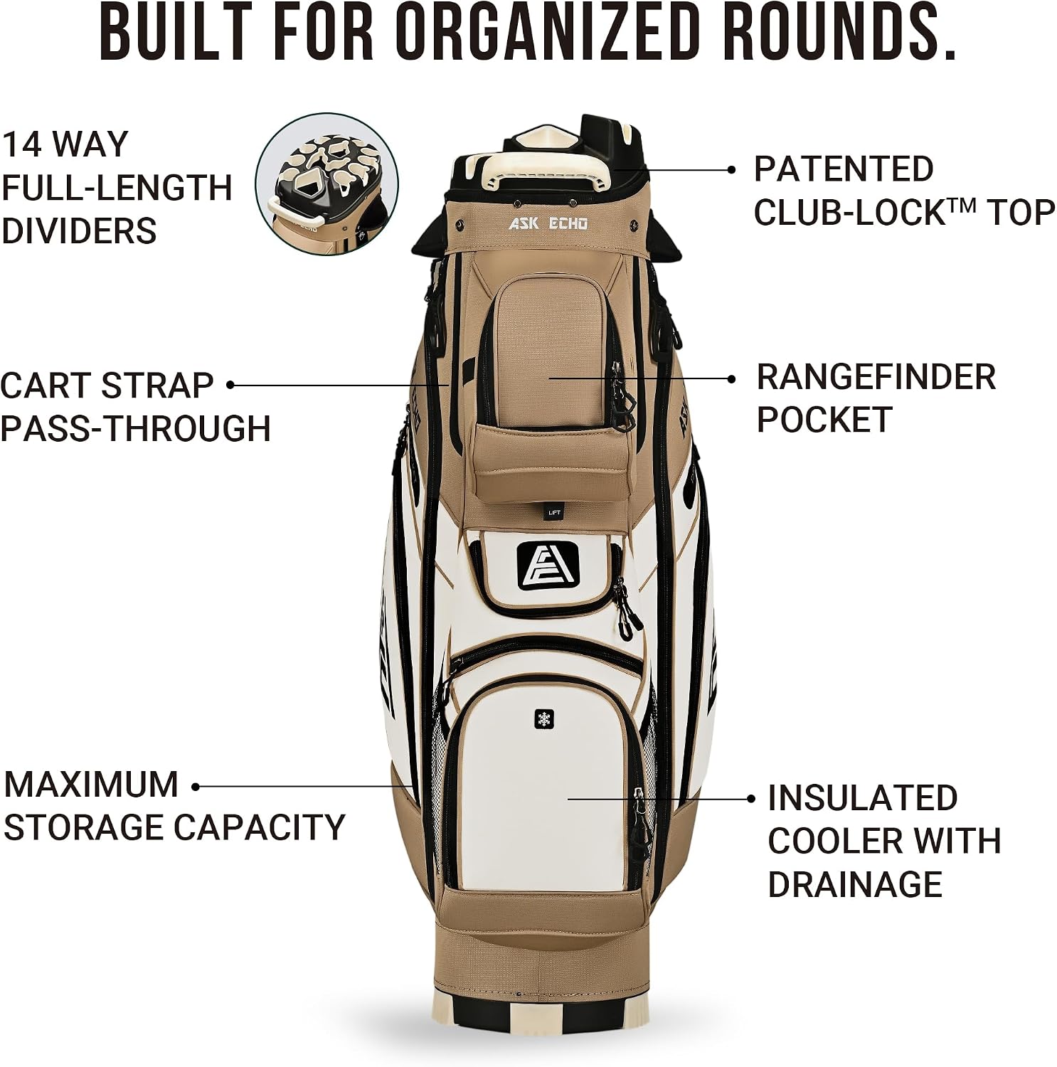 ASK ECHO T-Lock 3.0 Golf Cart Bag, Quiet 14-Way Full-Length Divider