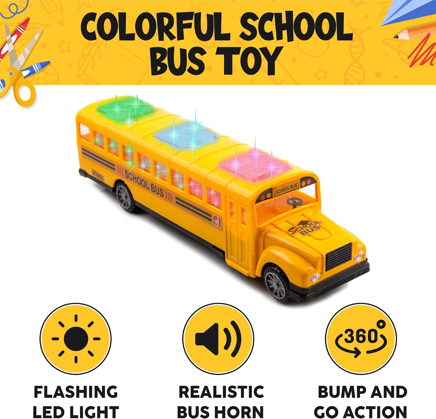 Yellow School Bus with Flashing LED Lights and Bus Sounds. Bump and Go Action Bus for Boys and Girls 3 Years Old and Above