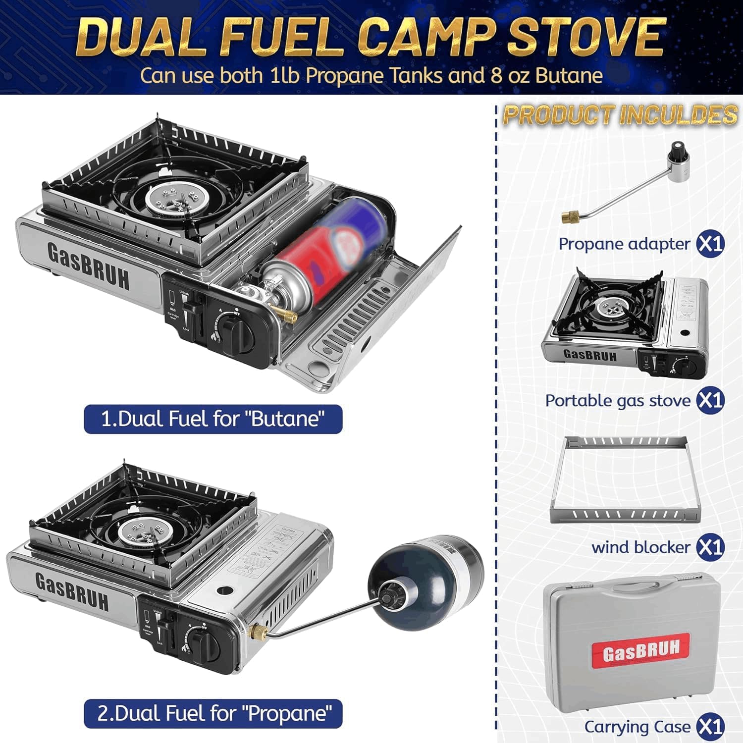 GasBRUH Propane or Butane Camping Stove with Windblocker, Dual Fuel 10,000 BTU Stainess Steel Propane Stove for Camping(TANK not included)