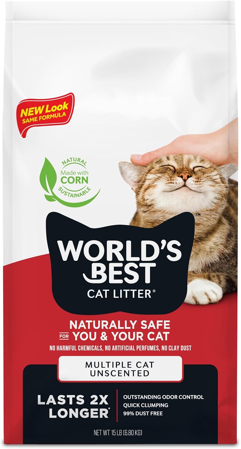 World's Best Cat Litter, Multiple Cat, Unscented, Lasts 2X Longer, 8 lb Bag | Controls tough multi-cat odors and lasts 2x longer; natural corn litter, quick clumping, flushable, 99% dust free
