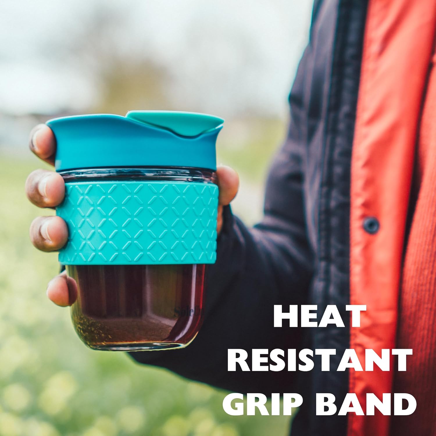 Large Travel Mug - Reusable Glass Coffee Mug - 18oz/530ml BPA-Free Hot Drink Travel Mug with Lid & Silicone Band (Black, 18oz)