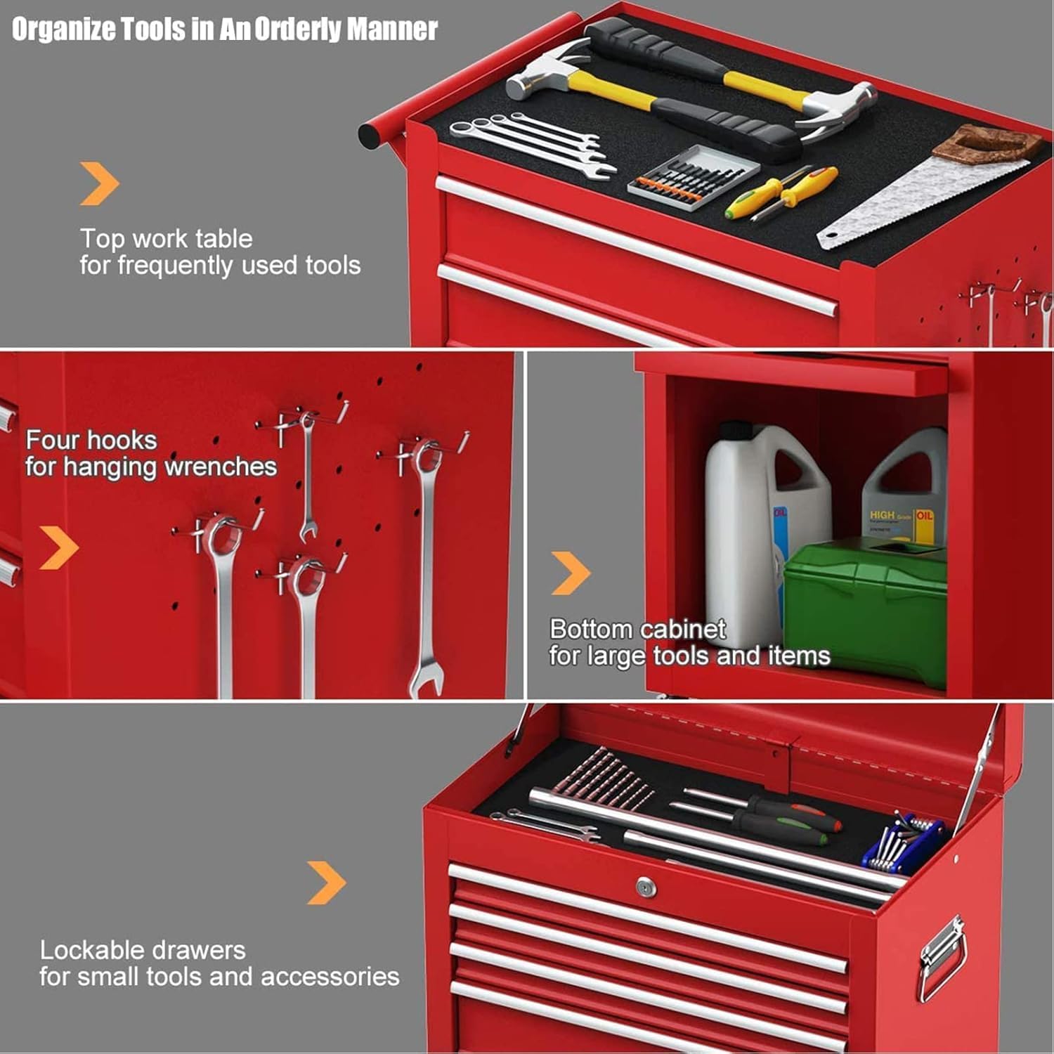 Goplus Rolling Tool Chest, 5-Drawer Tool Box Organizer w/Lockable Wheels & Sliding Drawers & Detachable Top & Adjustable Shelf, Tool Storage Cabinet for Garage Workshop (Red)
