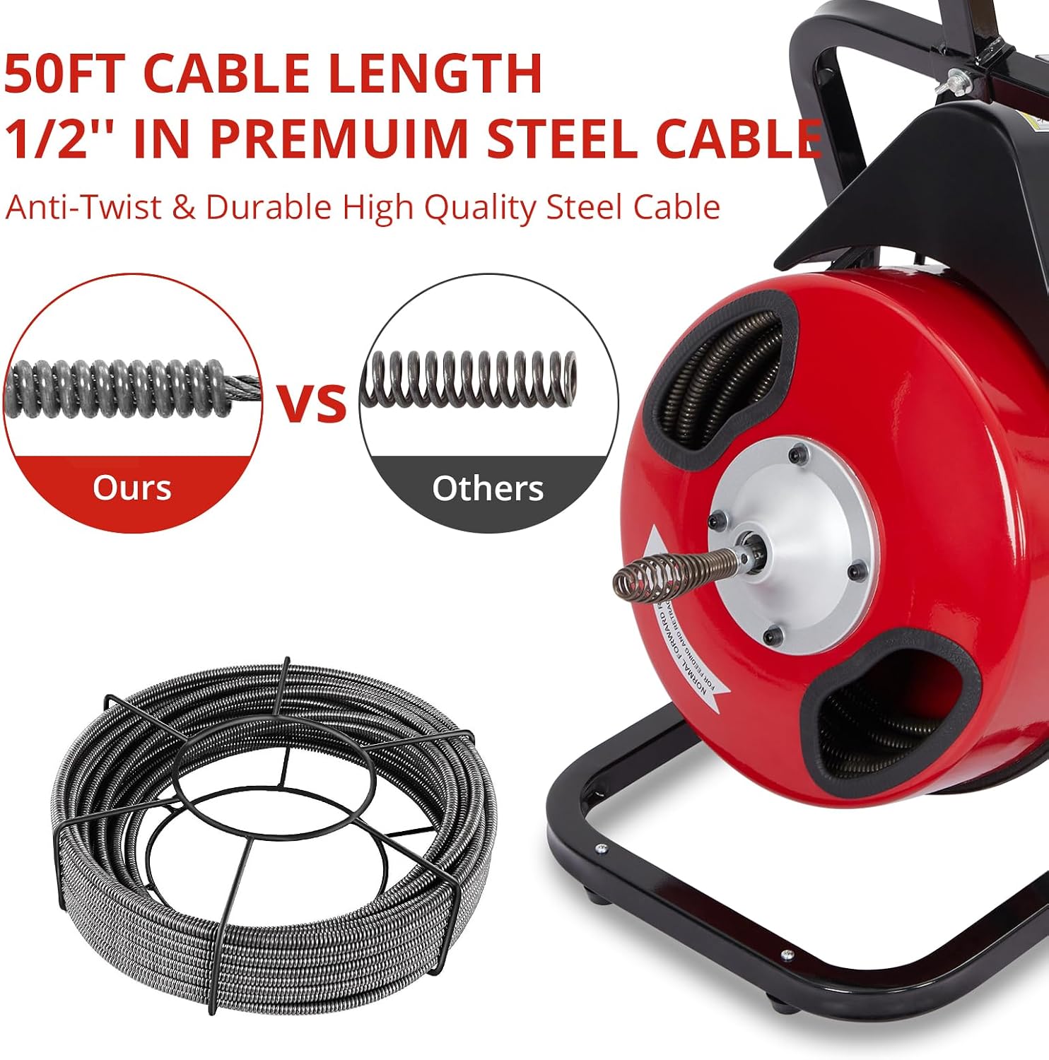 50FT x 1/2Inch Electric Drain Cleaning Machin, Auto Feed Portable Sewer Snake, Semi-Enclosed Drum