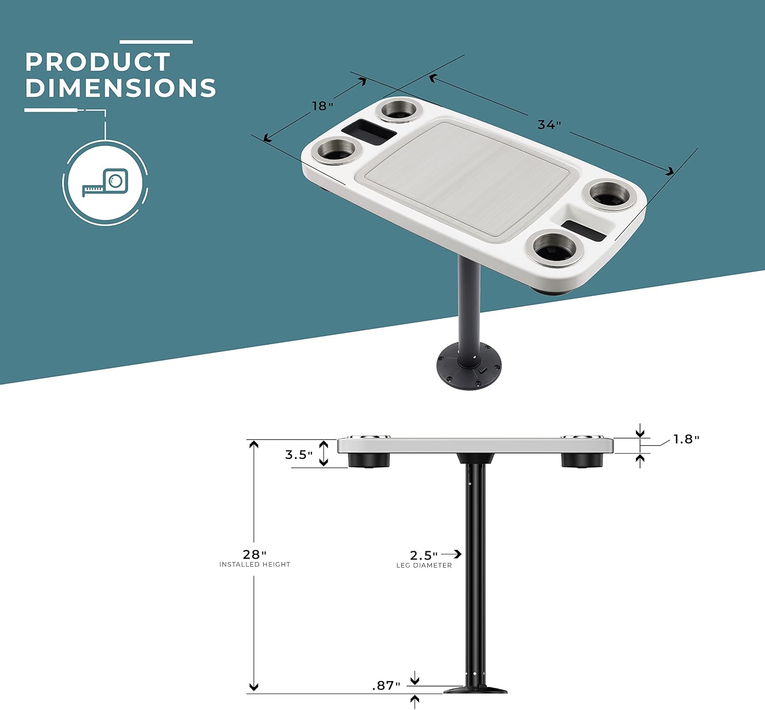 Manufacturers' Select ITC Boat Table Set - 18"x34" Removable Pontoon Boat Table with Center Non-Slip Mat, Pedestal Leg, 4 Drink Holders