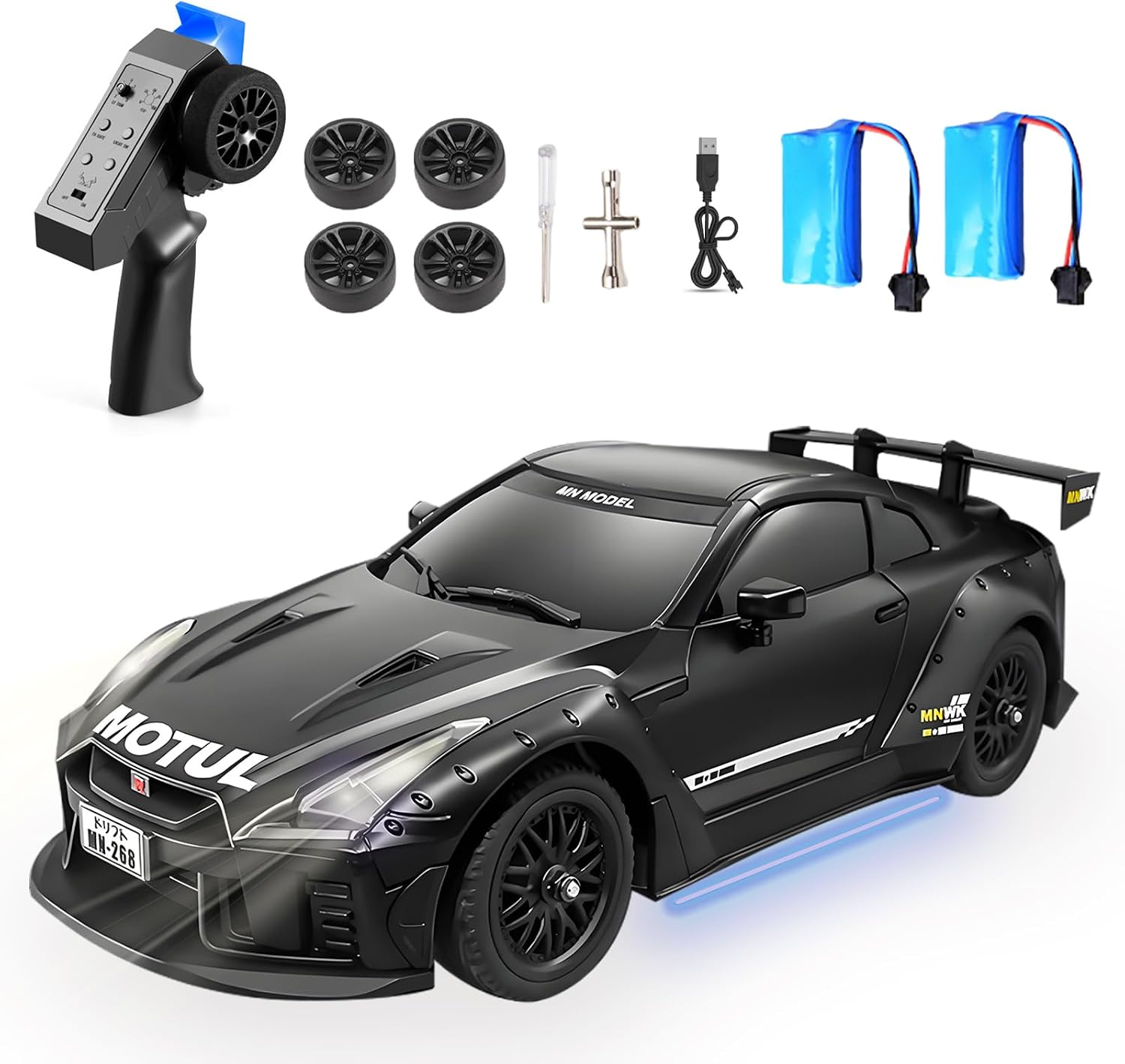 RC Drift Car, 1:16 Scales MN268 GTR Remote Control Drift Car with Gyro, LED Lights, Drifting Tires