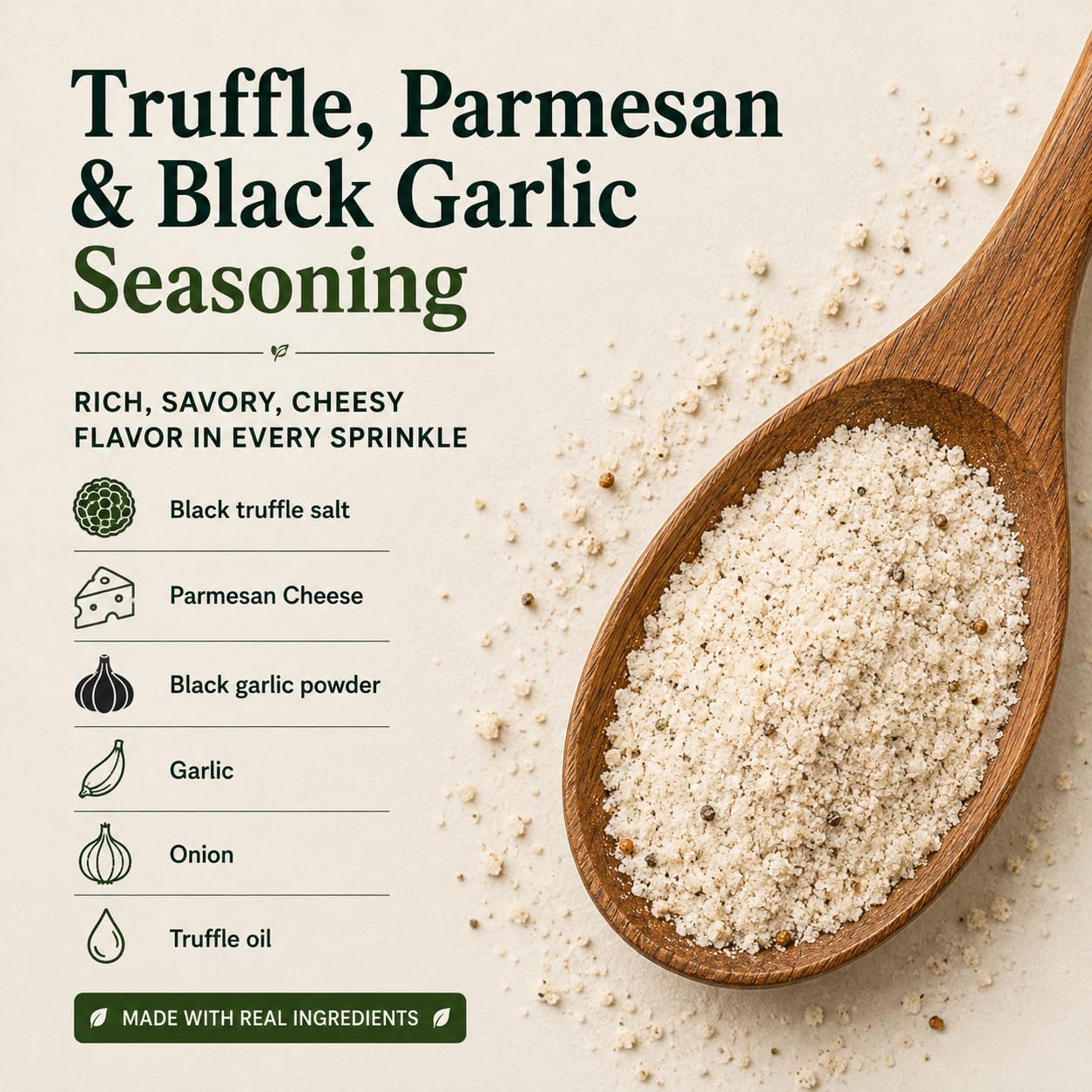 Truffle Parmesan & Black Garlic Seasoning, 18 oz – Gourmet Finishing Cheese Blend with Black Truffle Salt & Fermented Black Garlic, by Woodland Gourmet