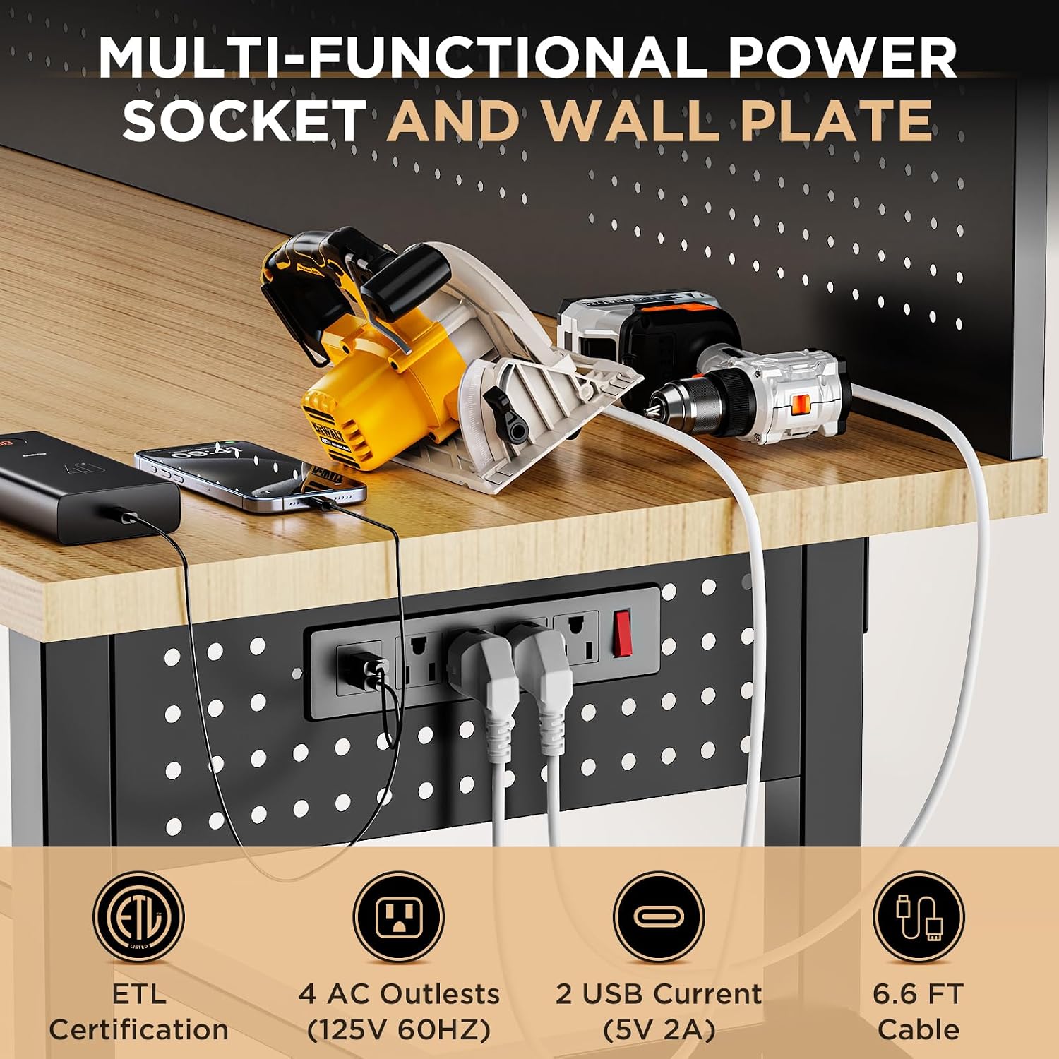 60 Inch Heavy Duty Workbench with Storage Cabinet, Wooden Top, 2000 lbs Capacity, Garage Work Table with Pegboard, Power Outlet, Leveling Feet, Black