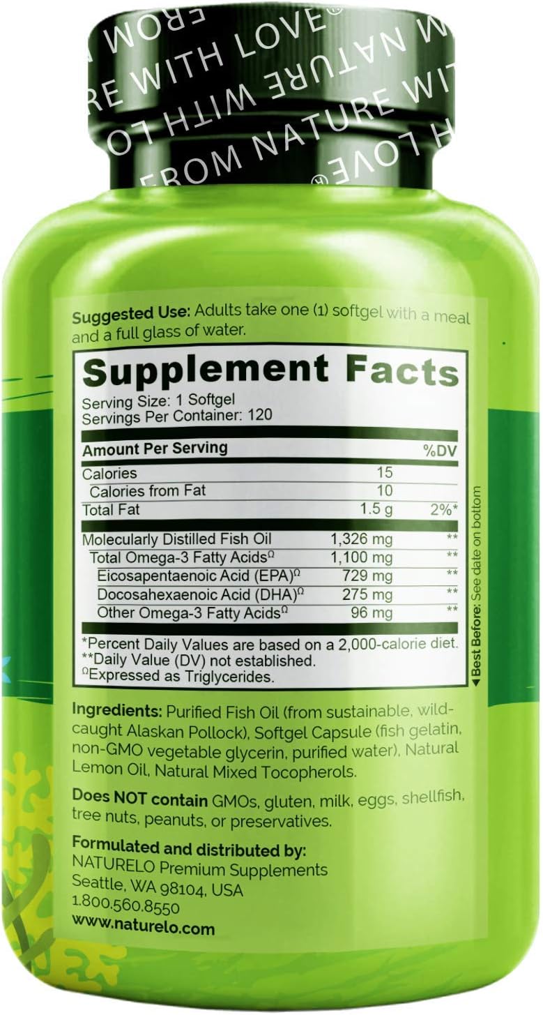 NATURELO Burpless Omega 3 Fish Oil Supplement, 1100mg, 60 Softgels | Triglyceride omega-3, omega 3 DHA EPA, liquid fish oil, 2 months supply