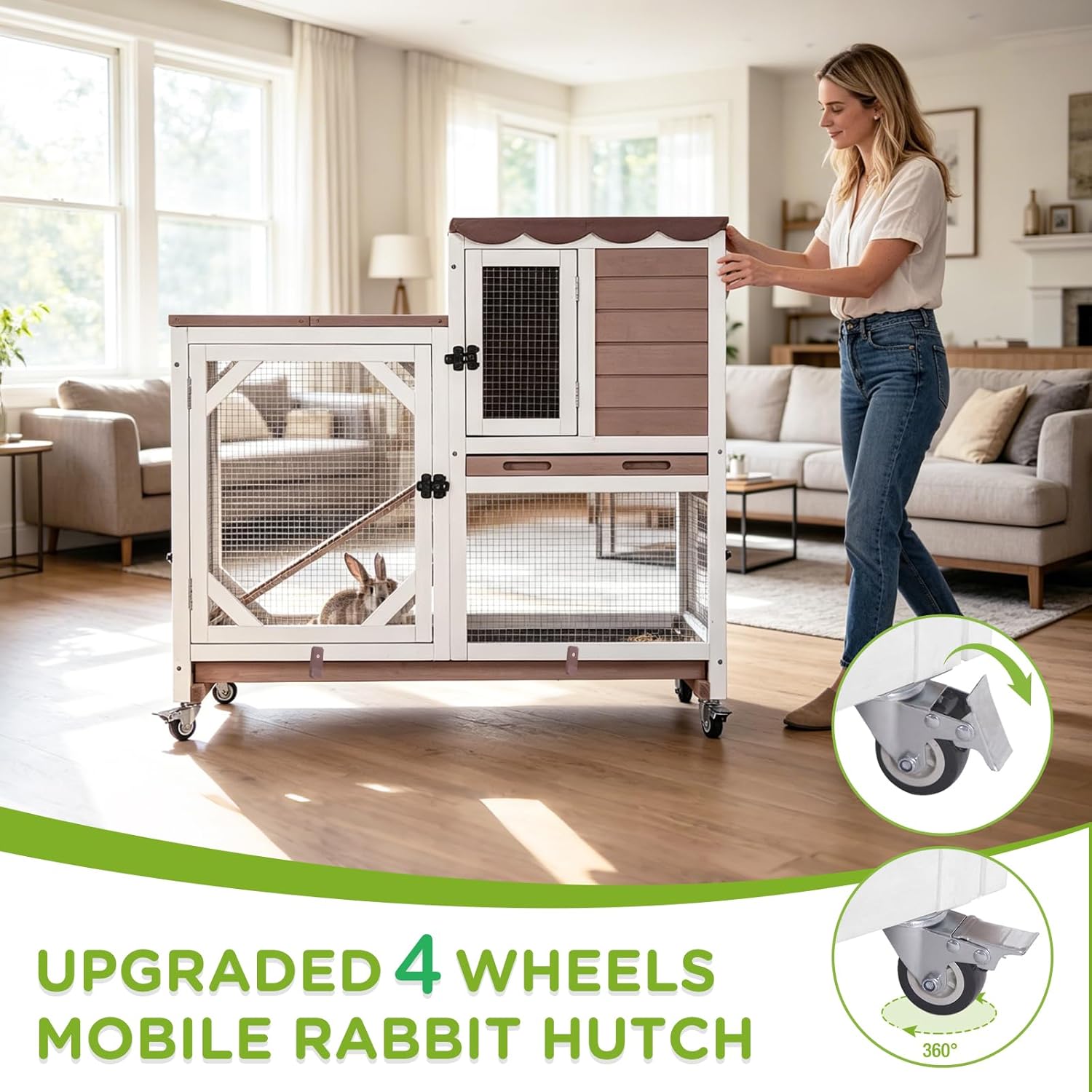 Indoor Rabbit Bunny Hutch Outdoor, Guinea Pig Cages with Removable Bottom Wire Netting - Easy Clean
