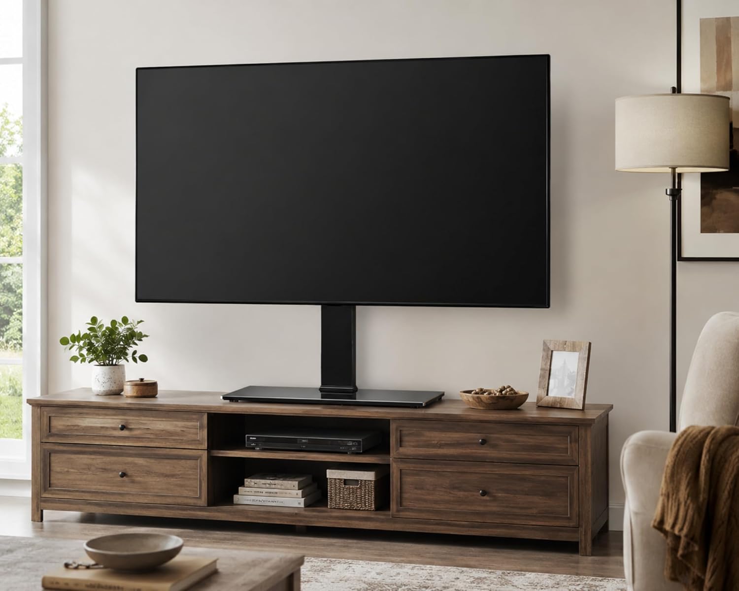 FITUEYES Universal TV Stand with Swivel Mount for 50-85 inch Flat Screens - Height Adjustable Tempered Glass Base Holds up to 143 lbs