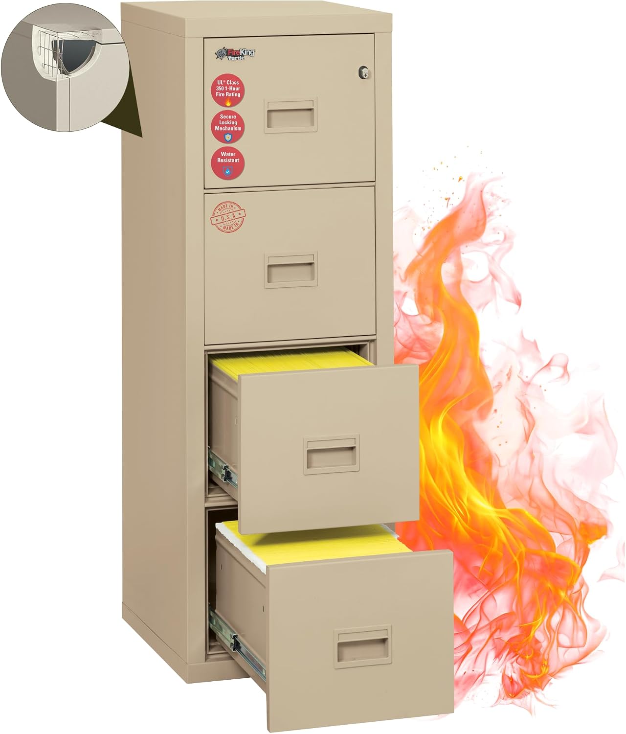 FireKing Turtle Vertical 2 Drawer Fire Rated File Cabinet, Black | 1 Hour Fire Rated Filing Cabinet - UL Class 350 - Water Resistant - Key Lock - Made in USA