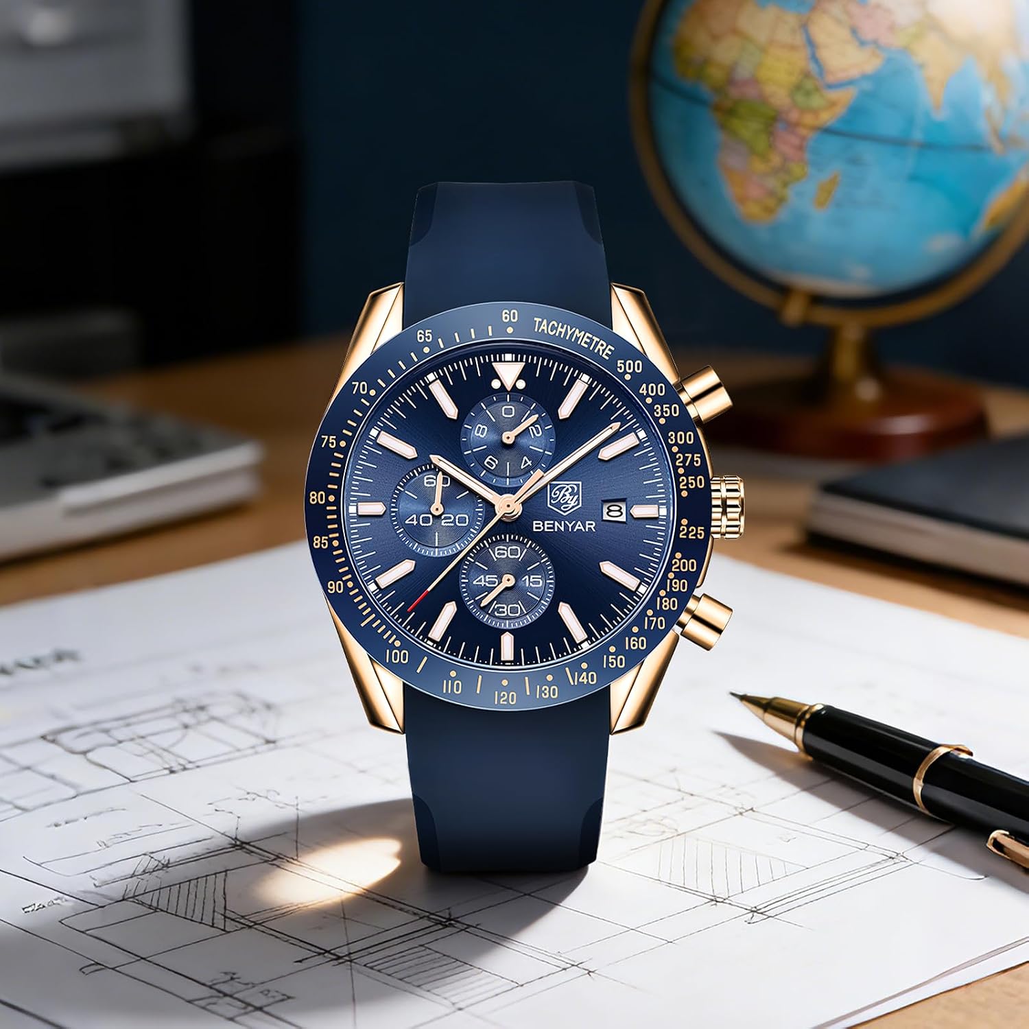BENYAR Watch for Men Analog Quartz Chronograph Waterproof Luminous Designer Mens Wrist Watches Business Work Sport Casual Dress Watch with Silicone Strap Elegant Gifts for Men