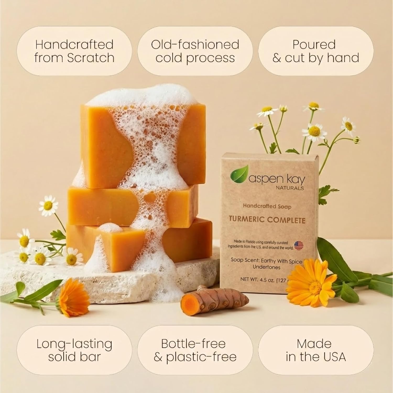 Turmeric Soap for Face & Body, Handmade, Cold Process, Organic. 4.5 oz | Gentle turmeric face wash & cleanser for glowing skin that feels refreshed, soft & balanced. Made in the USA