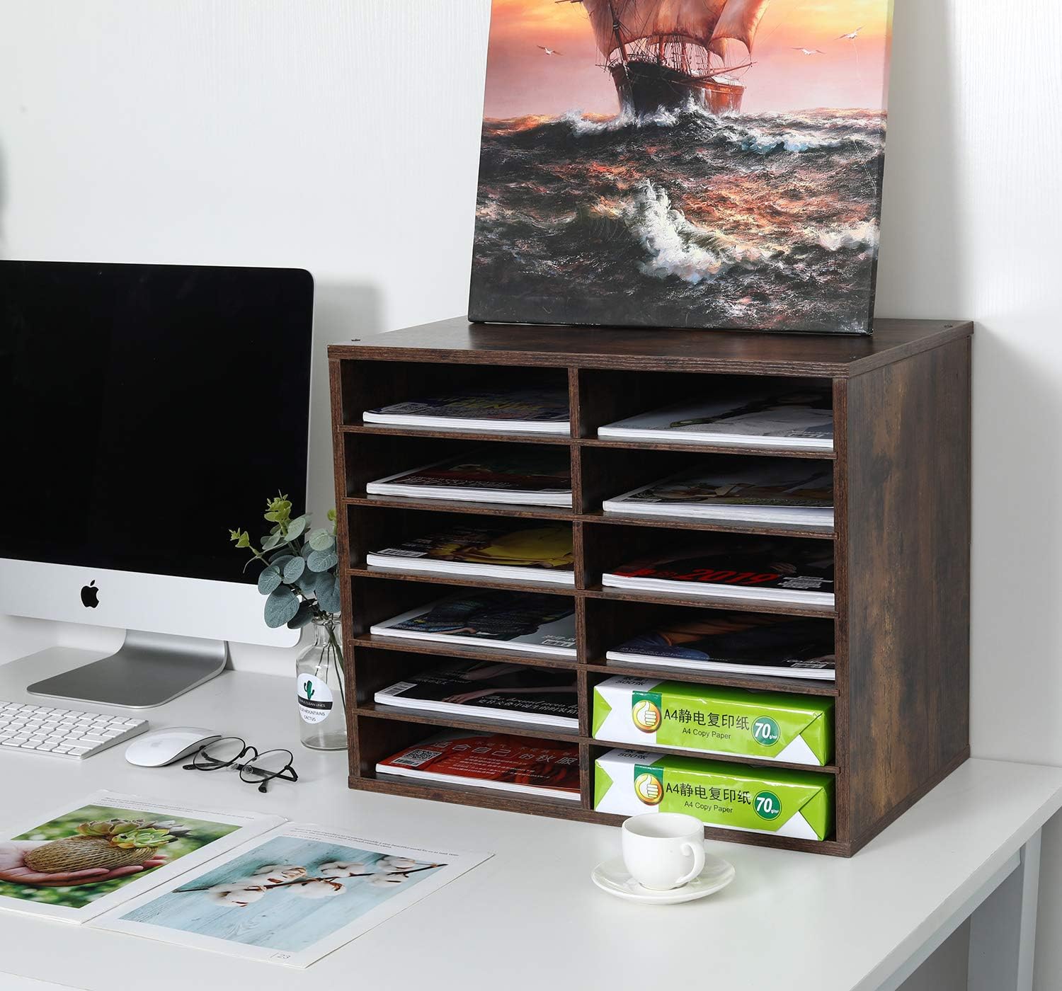 EasyPAG 12 Compartments Wooden Literature Organizer with Adjustable Shelves, 6000 Sheets Capacity Paper Organizer