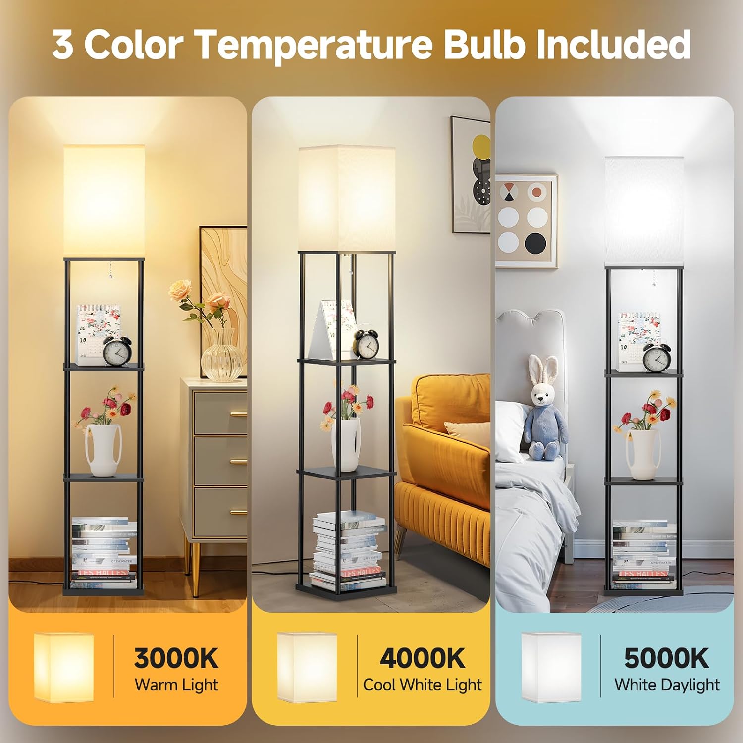SHINE HAI Floor Lamp with Shelves, 3-Tier Square Modern Shelf Lamp