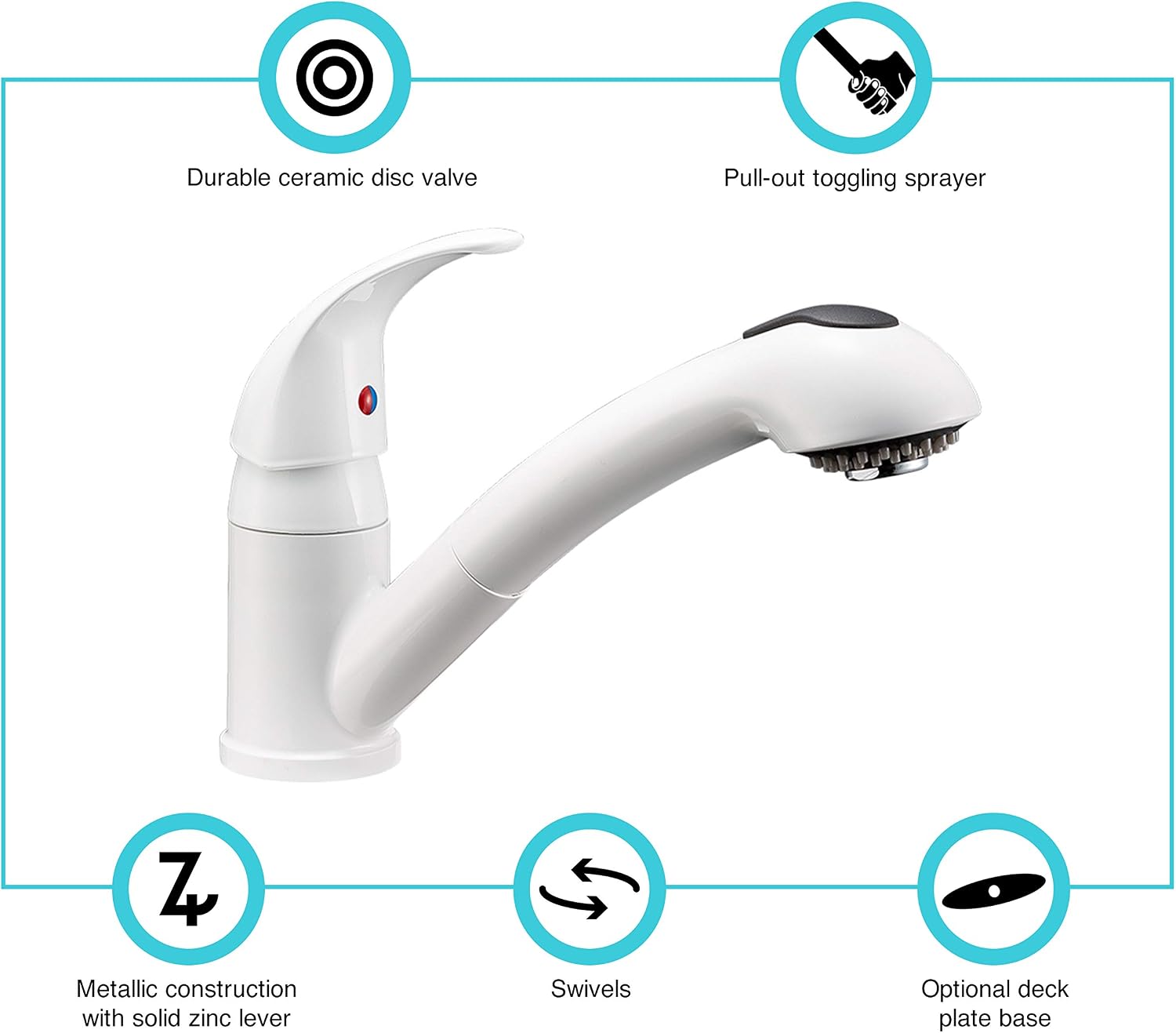 Dura Faucet DF-NMK852-WT RV Pull-Out Swivel Kitchen Sink Faucet (White) | One-hole, single-handle design with smooth lever control for galley cleanup. Easy DIY install with common hand tools.