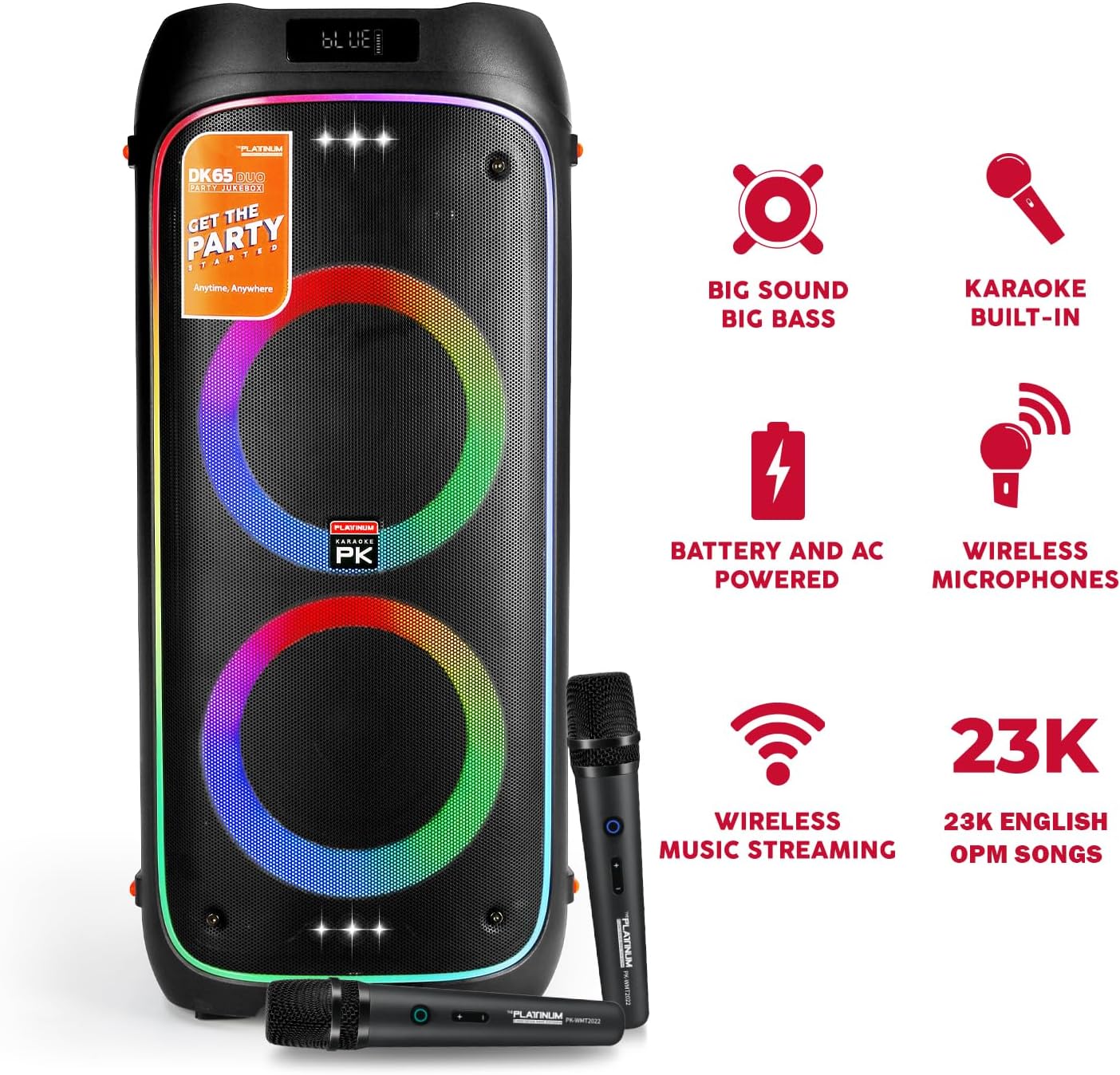 The platiunm DK65 Party Speaker Karaoke Systems for Adults with 2 Wireless Microphone, Bass and Treble Adjustment, with LED Lights, 23K Songs