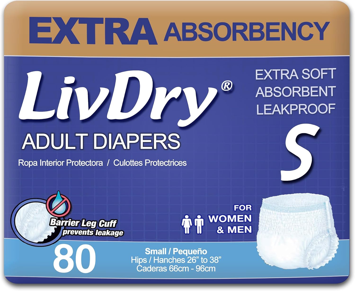 LivDry Adult Incontinence Underwear, Extra Absorbency Adult Diapers, Leak Protection, Large, 72-Pack