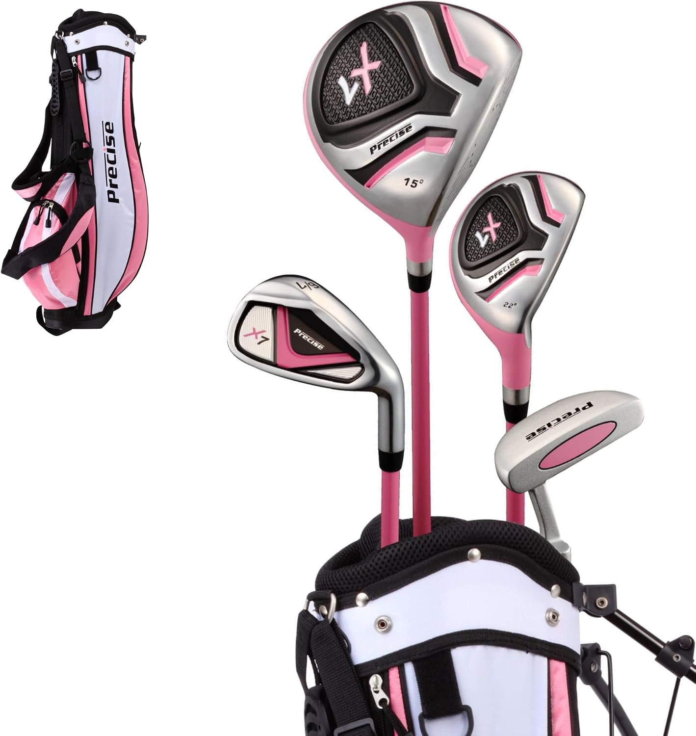 Precise - Kids Golf Club Set | Lightweight graphite shafts, hybrid & irons, putter, stand bag included, for boys and girls, ages 3-12, left/right hand