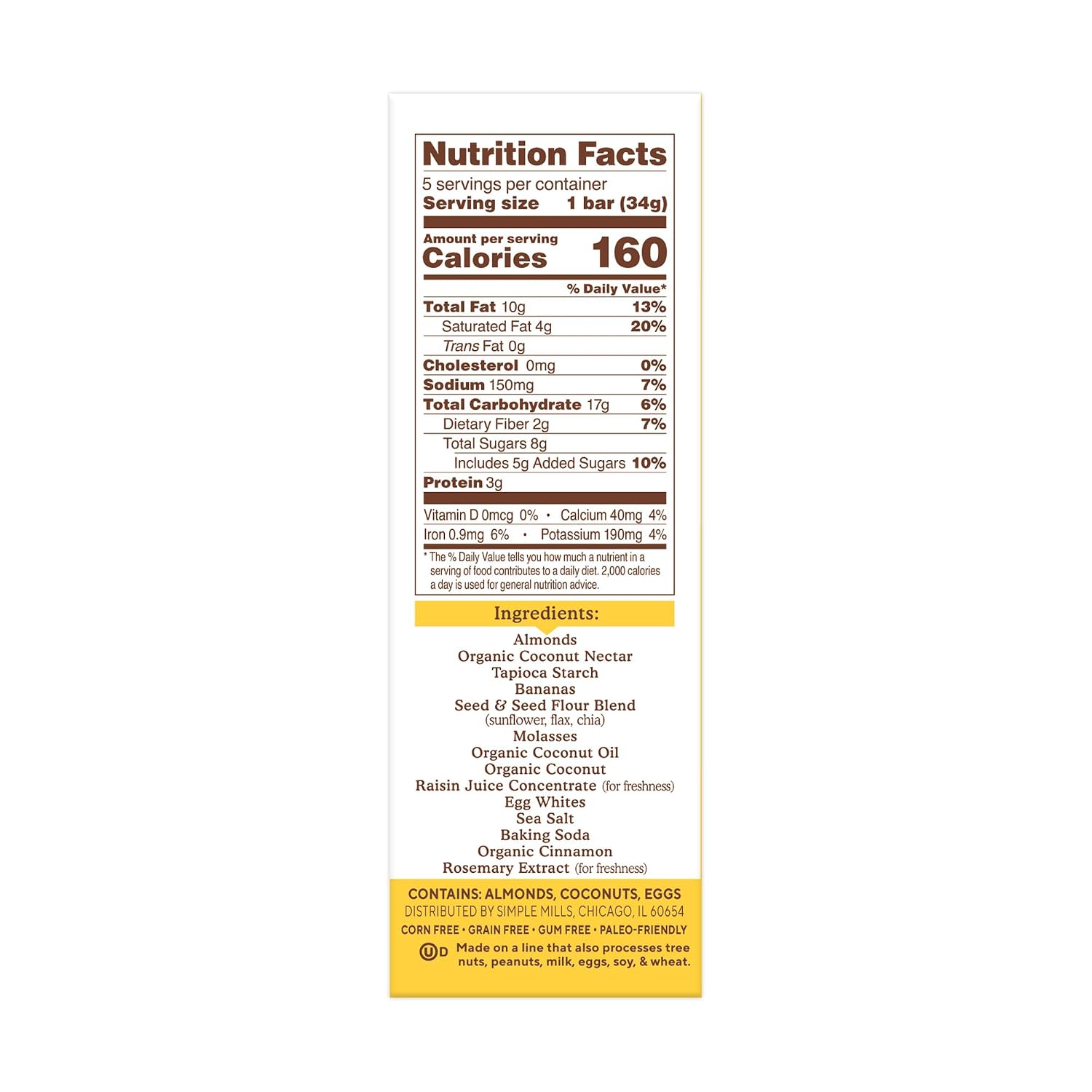 Simple Mills Soft Baked Dark Chocolate Almond Flour Bars, 5 ct, 1.19 oz each