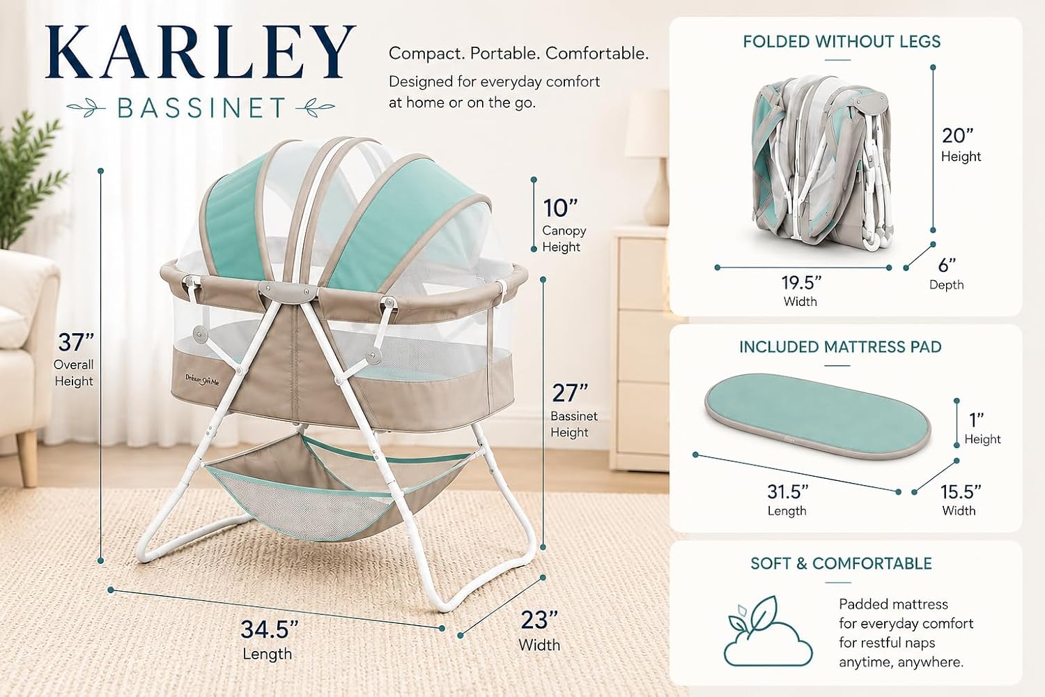 Dream On Me Karley Bassinet in Grey and Pink