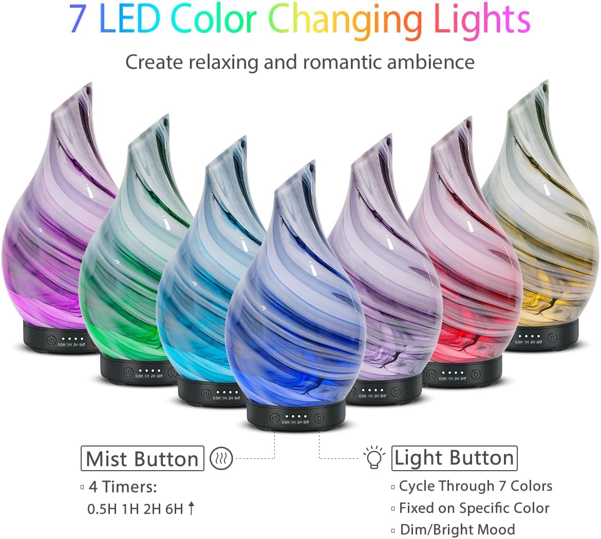 Aromatherapy Essential Oil Diffuser for Home- Art Glass Diffuser for Essential Oils with Waterless Auto Shut-Off 4 Timer 7 Colors LED Night Light