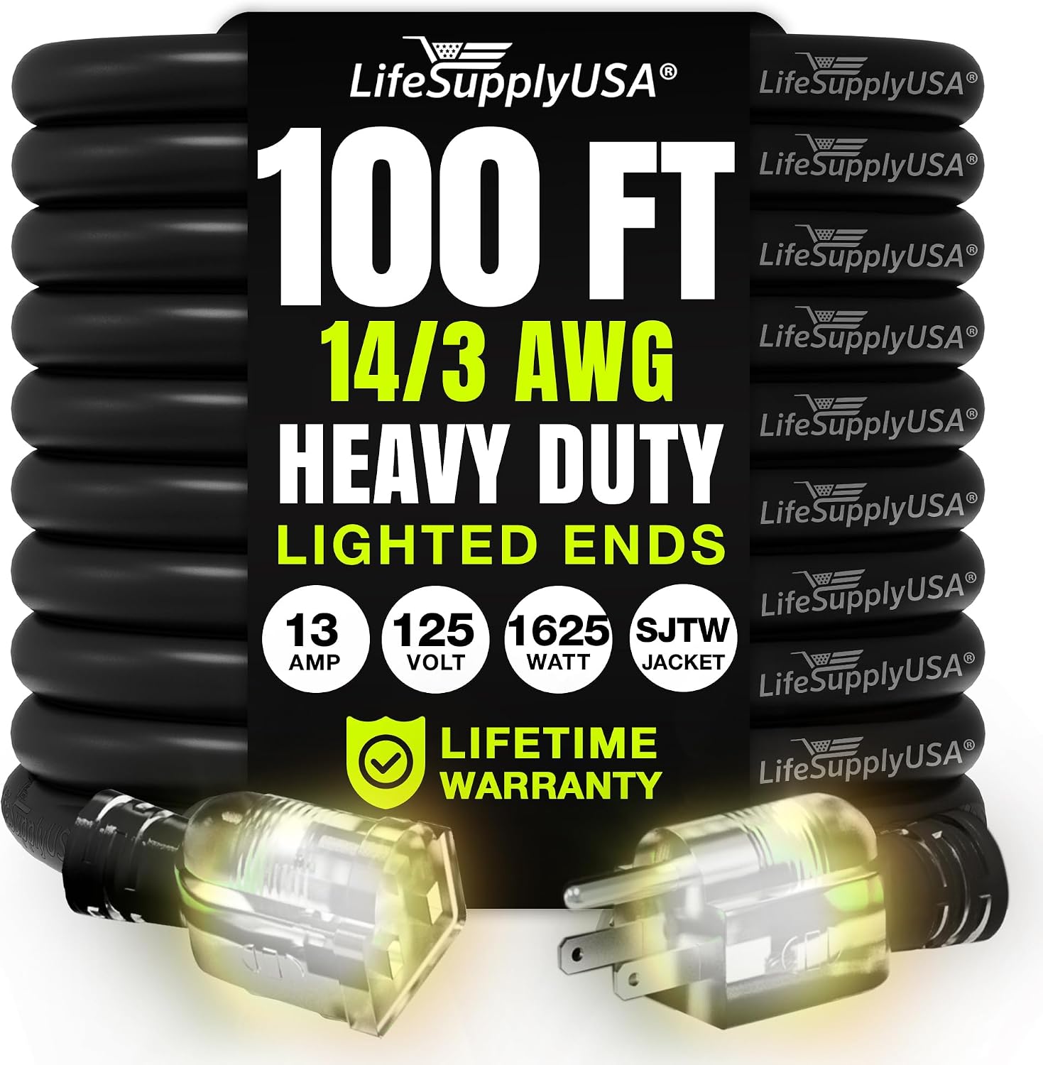 25ft Outdoor/Indoor Extension Cord 12/3 Gauge Extra Heavy Duty 3 Prong SJTW, Waterproof, Flexible Cold-Resistant Long Power Cord,15A 125V 1875W, Yellow by LifeSupplyUSA
