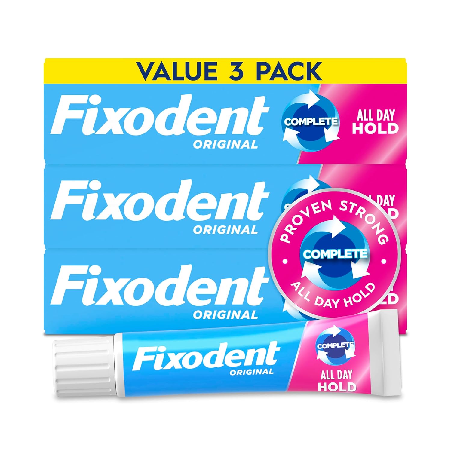 Fixodent Complete Denture Adhesive Cream, Original, 2.4 oz (3-Pack) – Strong False Teeth Glue, Secure Dental Adhesive for Full and Partial Plates