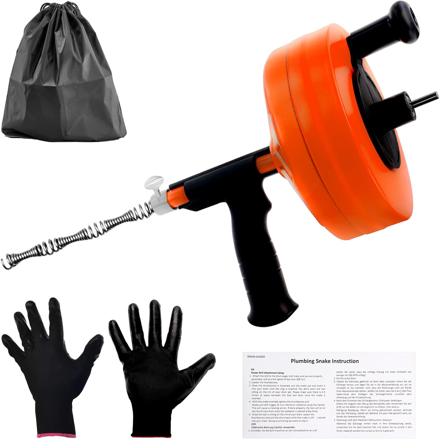 50FT Drain Auger with Drill Adapter, Manual or Powered Drain Snake | Plumbing Clog Remover, Flexible Cable, Manual Crank or Drill Operation