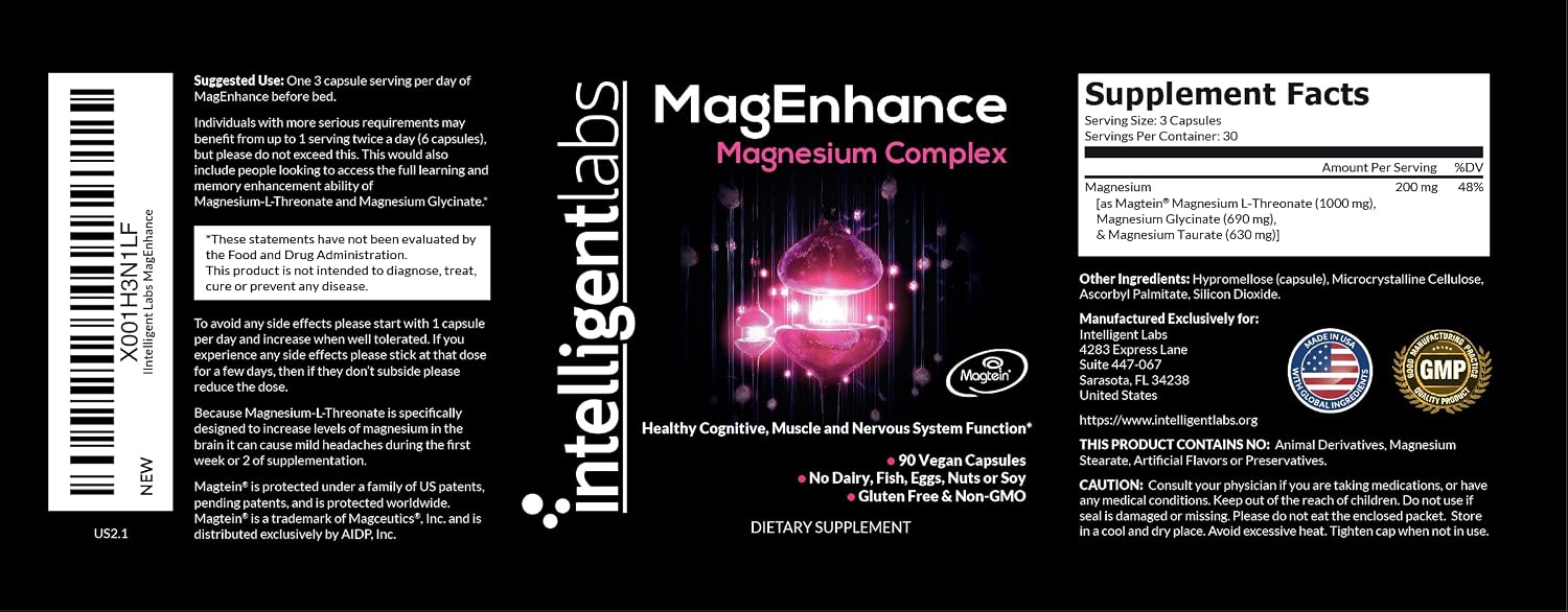 MagEnhance Magnesium Complex, Magtein® L-Threonate, Glycinate for Sleep | Magtein® L-Threonate, Glycinate & Taurate for Sleep, Brain Health