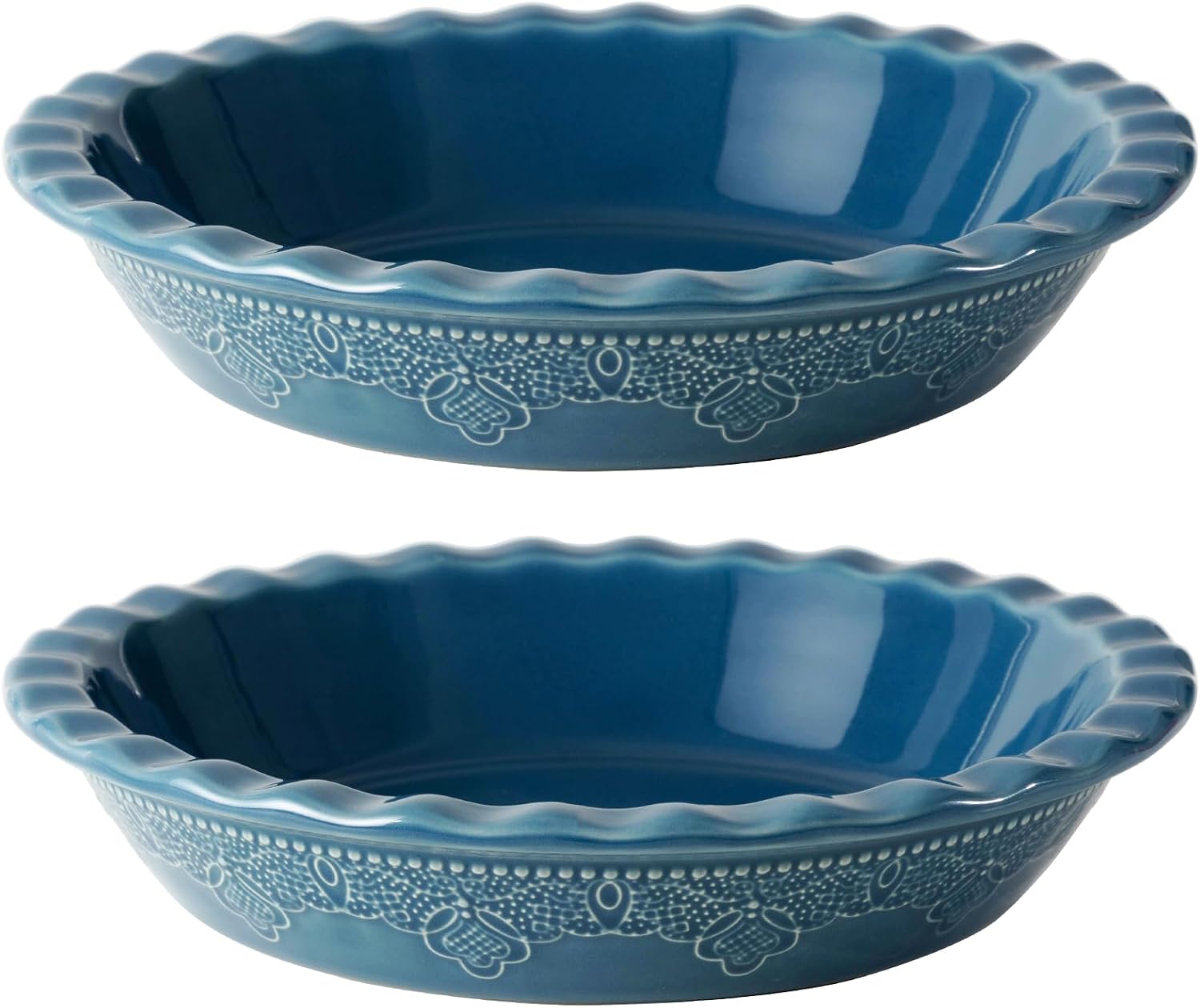 Fun Elements Pie Pan, 9 Inch Ceramic Pie Dish, Deep Dish Pie Pan with Lace Emboss, Ruffled Pie Plate for Baking