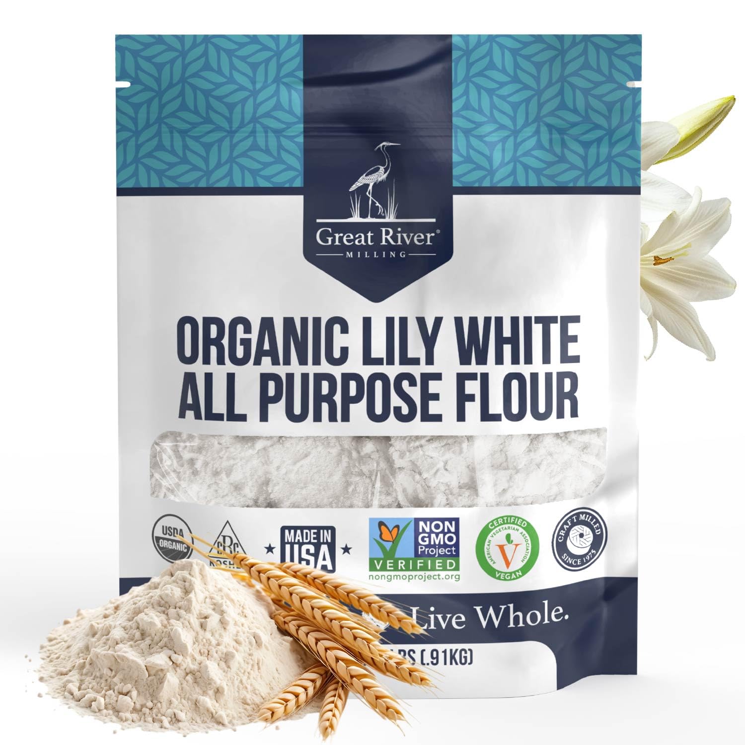 Great River Milling Organic Lily White All Purpose Flour, 25 lb | Organic Lily White All-Purpose Flour for cookies, cakes, muffins, biscuits, breads, pizza dough and pie crust; balanced