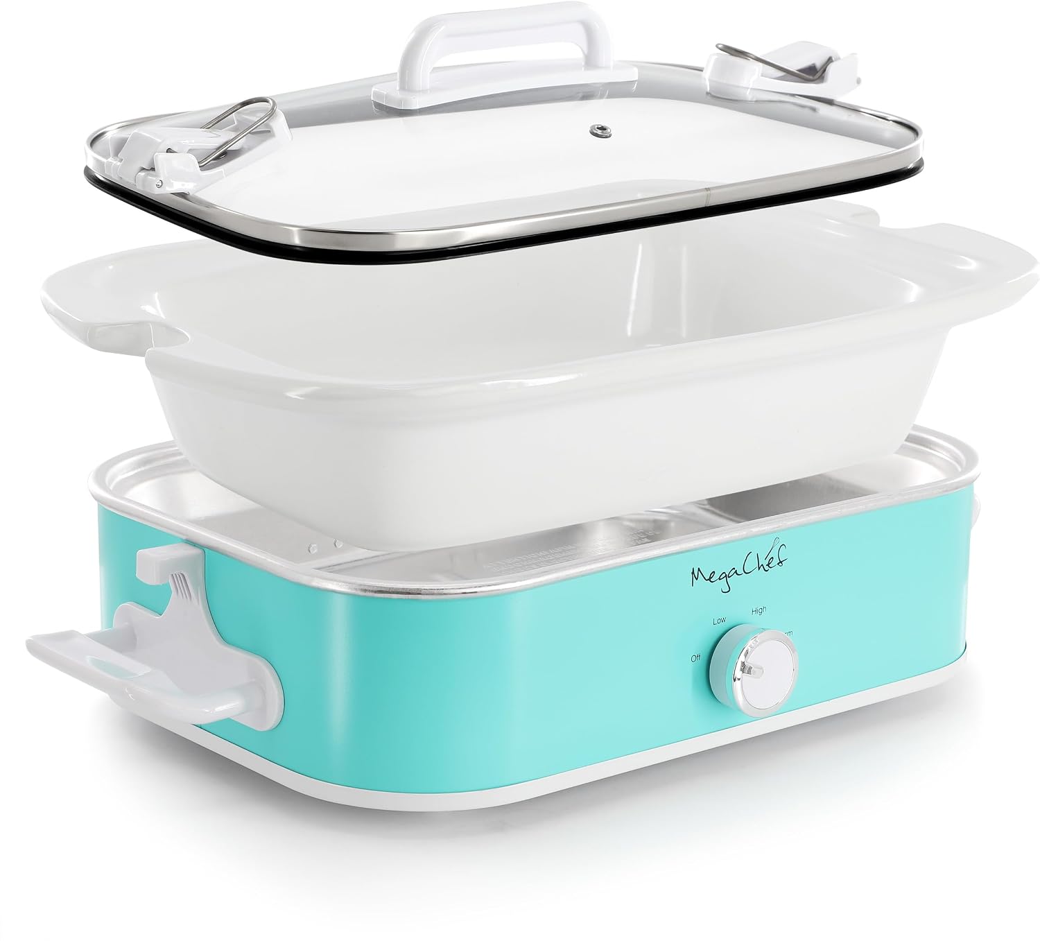 MegaChef 3.5 Quart Rectangle Casserole Slow Cooker with 3 Temperature Settings, Carry Handles and Locking Tempered Glass Lid (Cream)