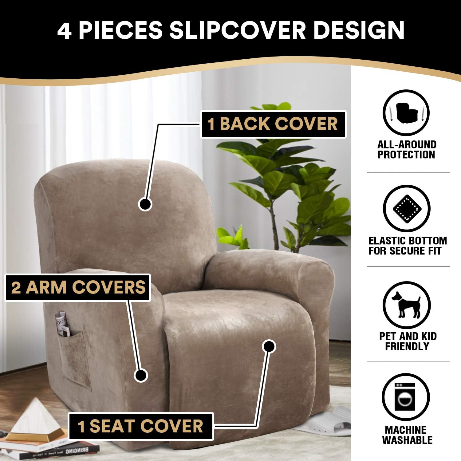 PrinceDeco Recliner Chair Cover Velvet Stretch Recliner Couch Covers 4-Pieces Style Recliner Chair Covers Recliner Cover for Reclining Chair