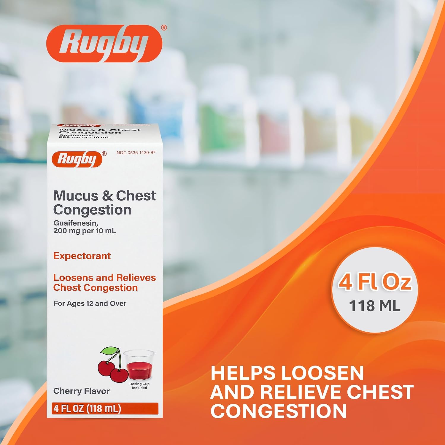 Rugby Mucus & Chest Congestion Guaifenesin 200 mg, 4 Fl Oz (1-Pack) | Cherry Flavor, Expectorant Cough Syrup, Loosens and Relieves Chest Congestion