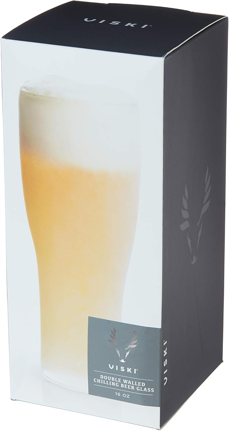 Viski Glacier Double Walled Beer Glass with Active Cooling Gel, Perfect for Cold Drinks at Indoor and Outdoor Parties, Special Occasions, Home Bar Accessories, Great Gifts for Men, 16 oz, Set of 1