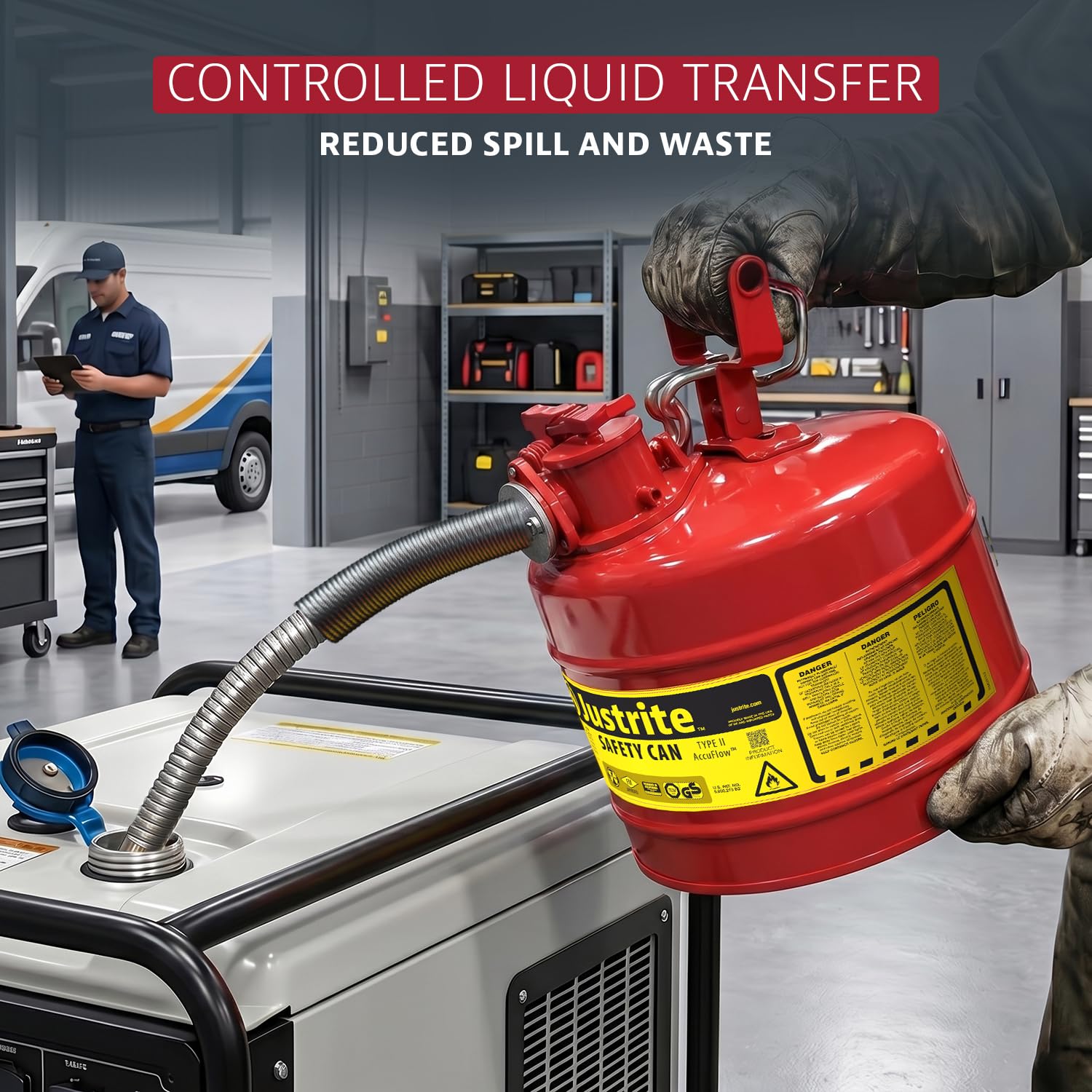 Justrite Type II Gasoline Safety Can, Red Galvanized Steel, FM Approved | Flammable Liquid Storage Can with Controlled Pouring, 5 Gallon Capacity