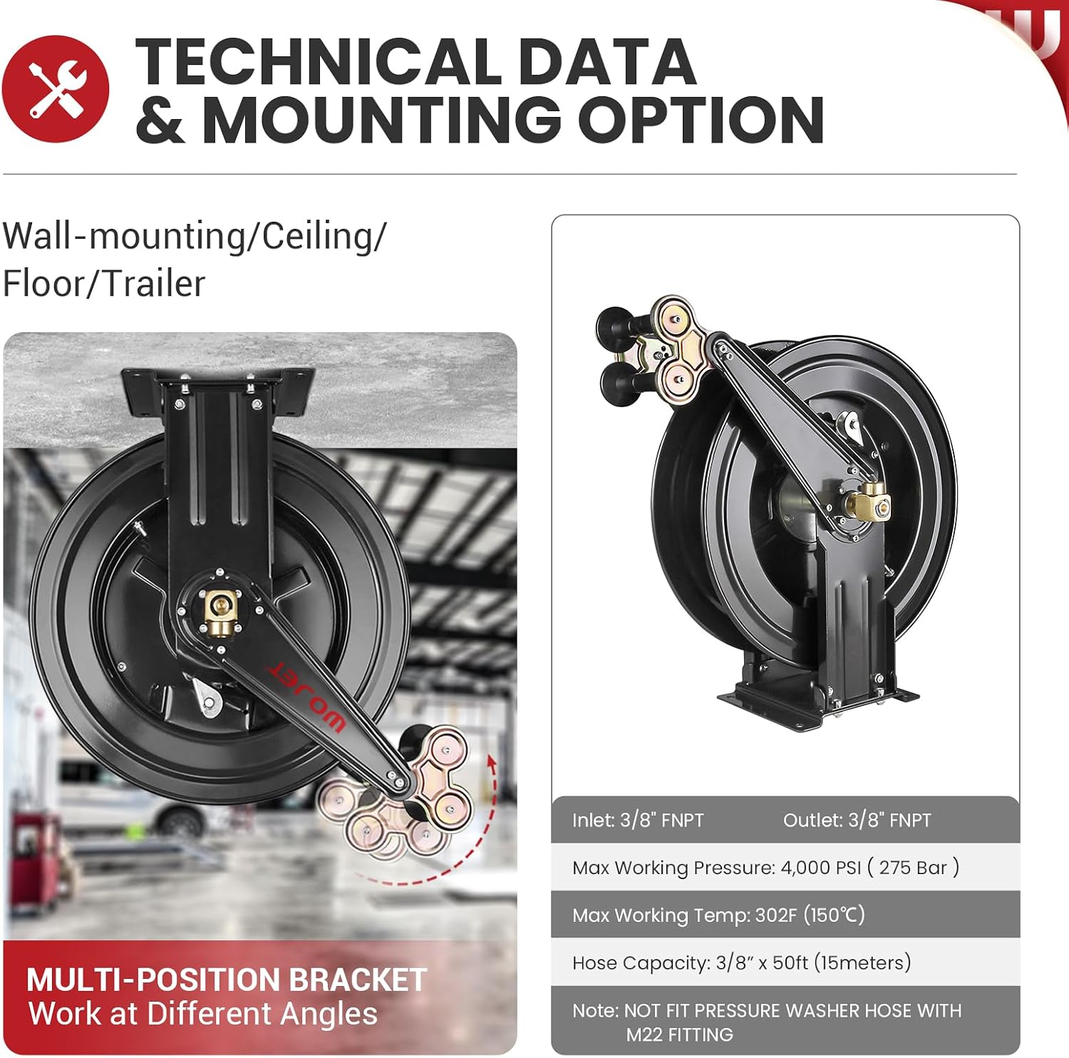 WOJET Pressure Washer Hose Reel 50 ft x 3/8 in, Retractable Hose Reel for Water/Air/Oil, Heavy Duty Hose Reel in Steel