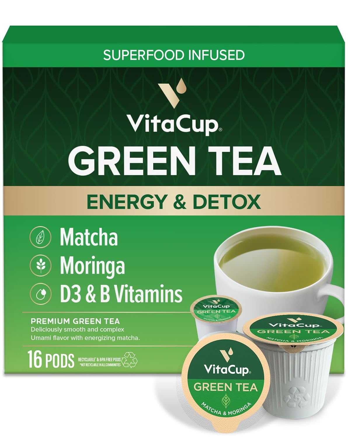 VitaCup Green Tea Instant Packets with Matcha, 16ct | B Vitamins, D3