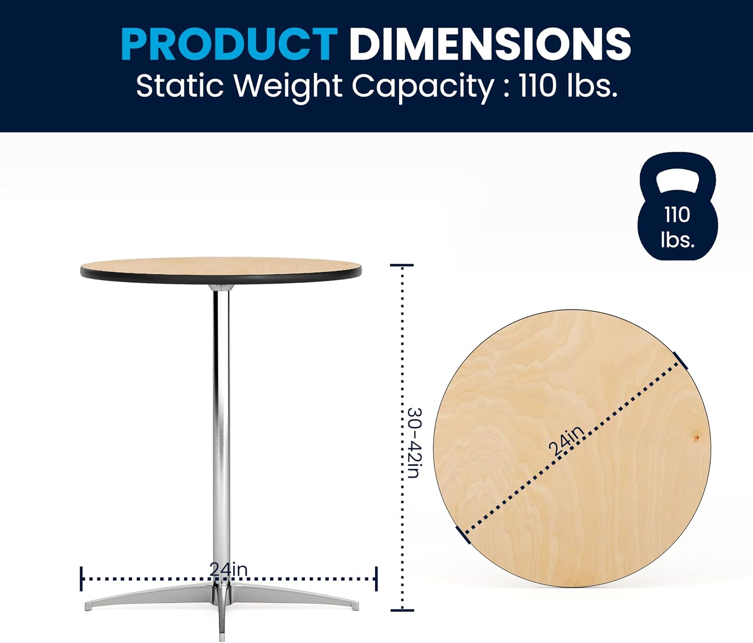 Flash Furniture Lars 24" Round Wood Cocktail Table with 30" and 42" Adjustable Columns, Adjustable Bar Height, for Events or Home Use