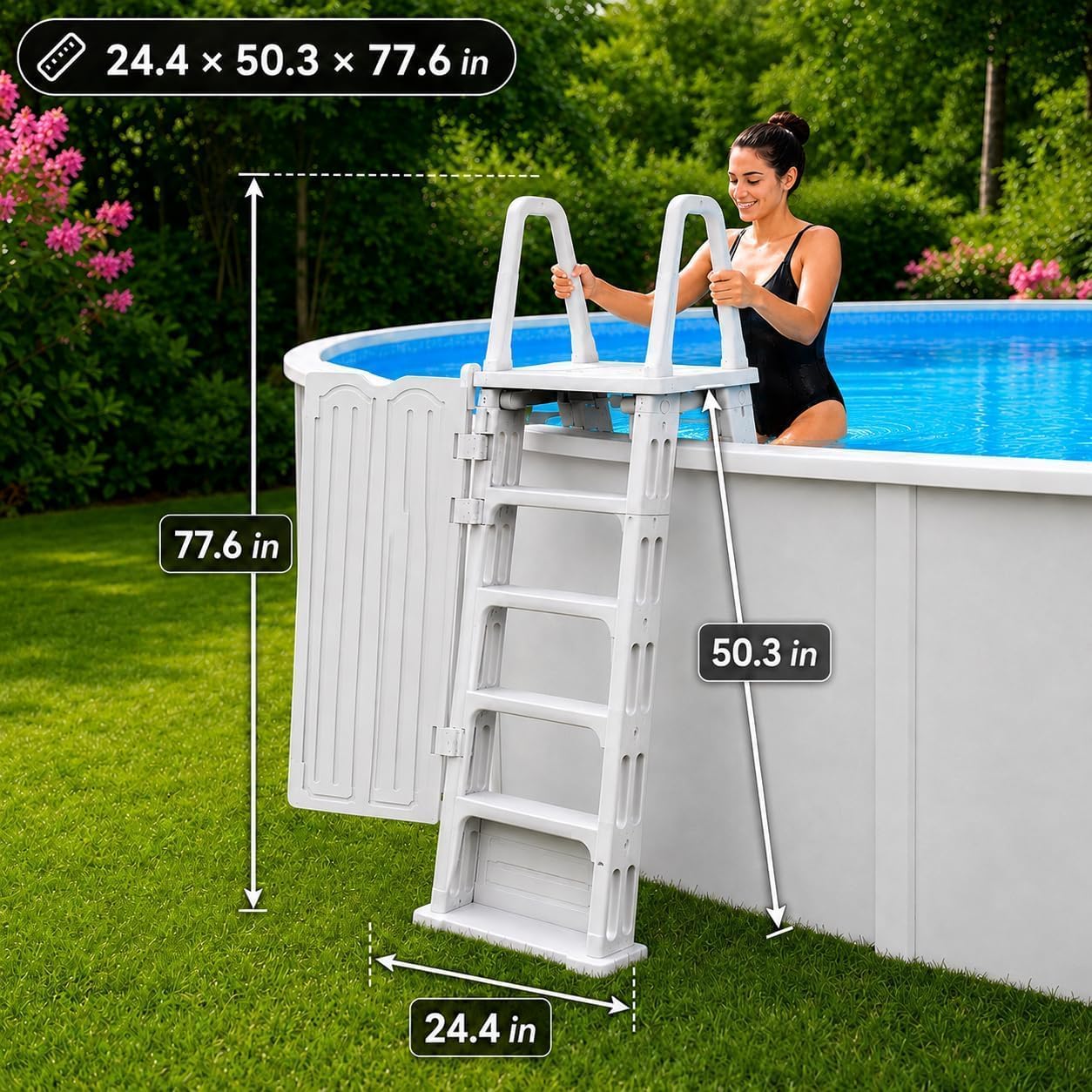 XtremepouwerUS Deluxe Incline Above Ground in-Pool Swimming Pool Ladder Pool Step Adjustable Ladder, White