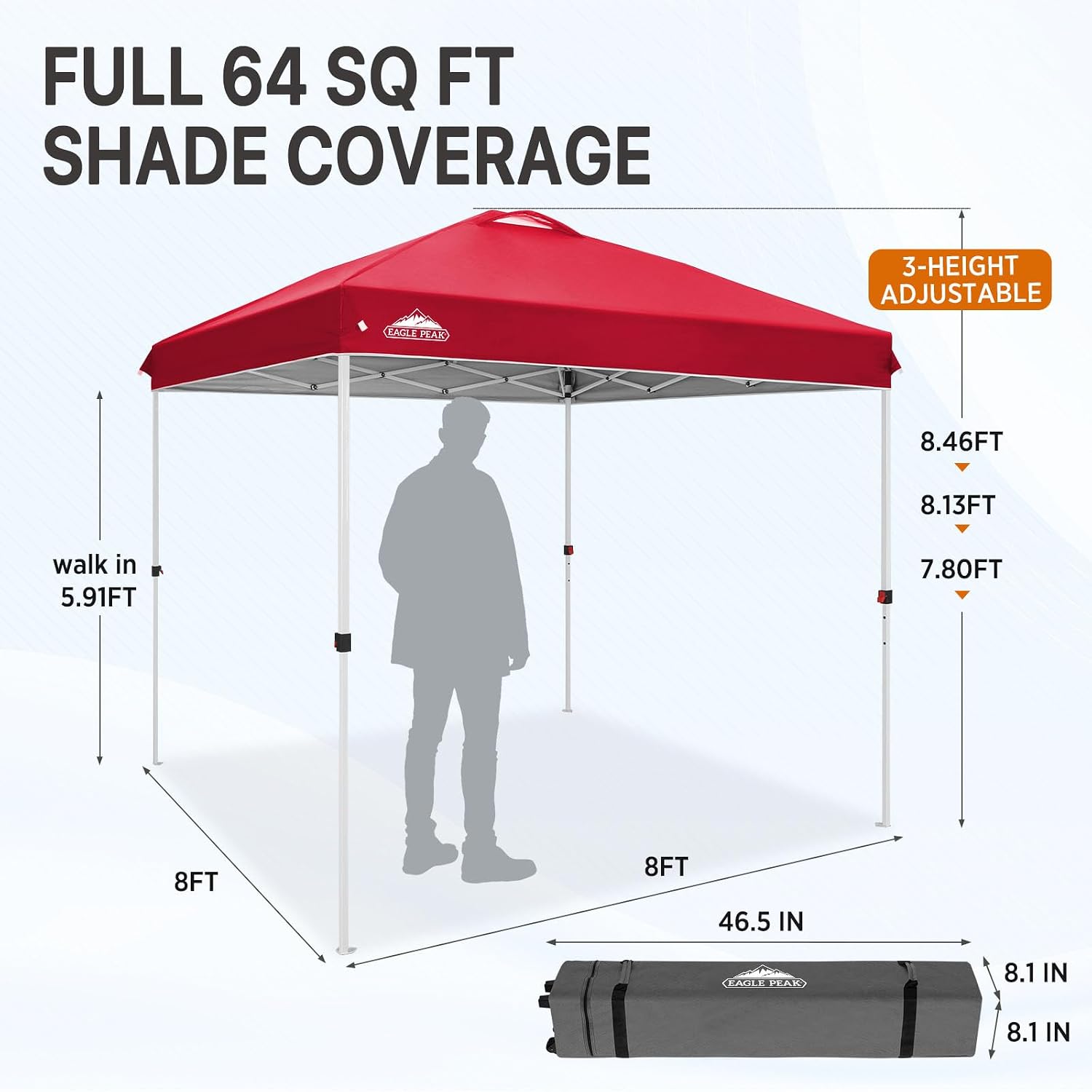 EAGLE PEAK 10x10 Pop Up Canopy Tent Easy Up Canopy Outdoor, White | Patented PeakPush™ Center Lock, 1 Person Setup Portable Pop Up Tent, Beach, Markets, Camping Sport Events, Wheeled Carry Bag