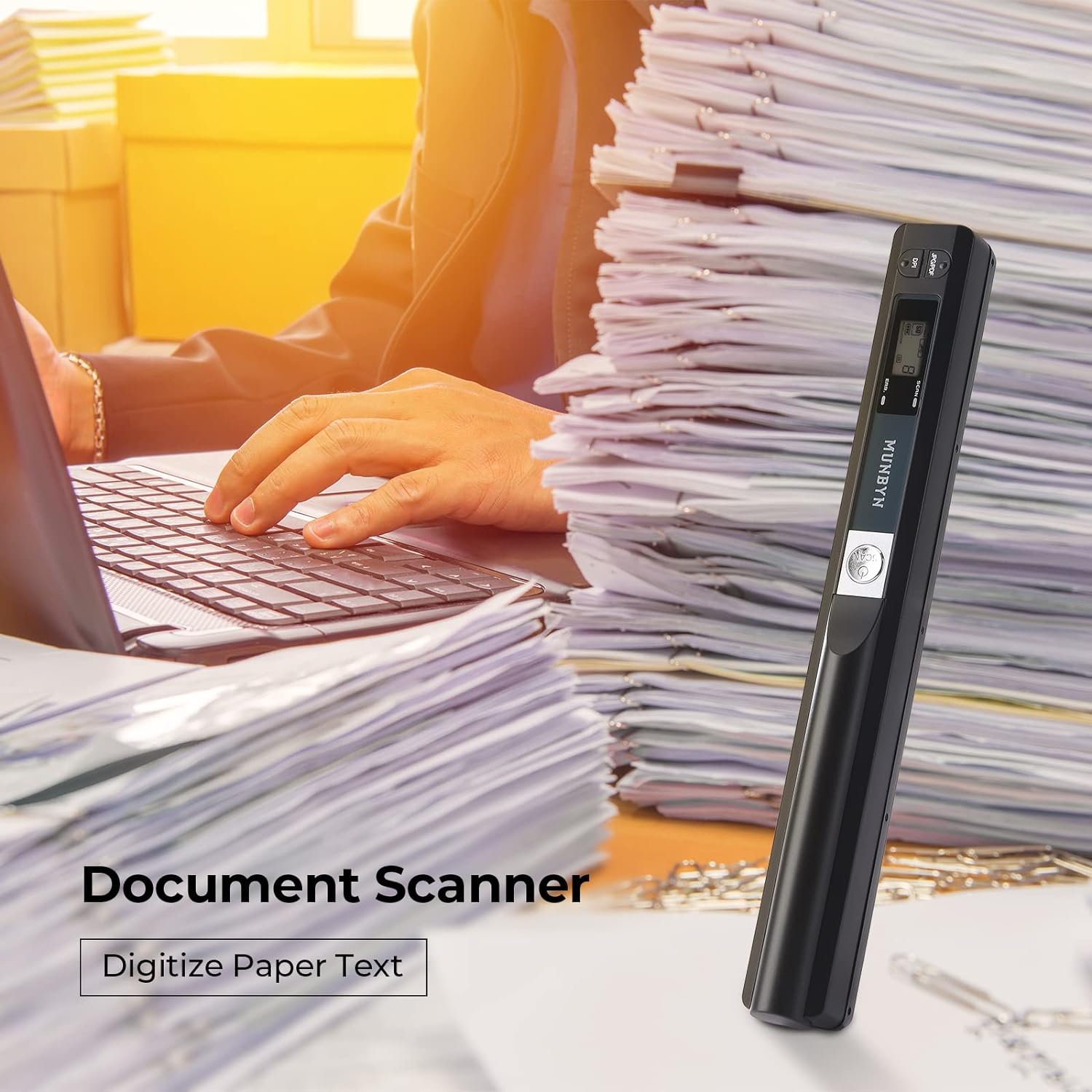 MUNBYN Portable Scanner, 900 DPI Handheld Wand Scanner, A4, 16GB SD, Black | A4 document/photo scanning, JPG/PDF output, flat scanning, USB transfer to PC/laptop, 16GB SD card included, no driver needed