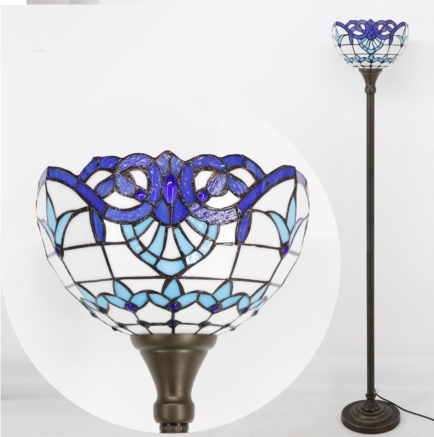 WERFACTORY Tiffany Floor Lamp Navy Baroque Stained Glass Torchiere Light | 12X12X71 Inches Pole Blue Standing Corner Torch Uplight Decor Bedroom