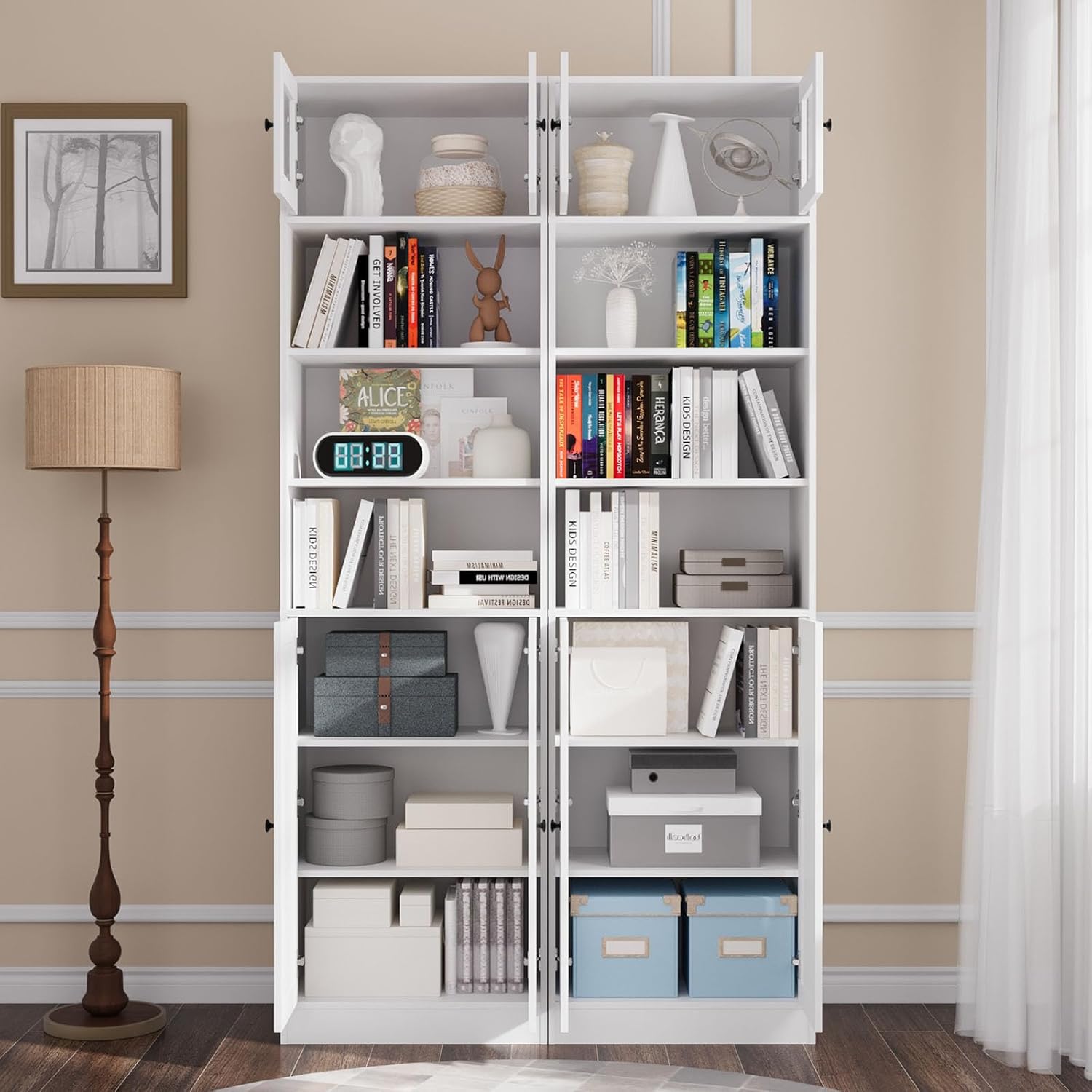 TUSY 85.5 Inch Tall Bookshelf with Doors - 7 Tier Bookcase with Glass Doors and Drawer, 23.6" Wide Storage Cabinet with Open Shelves for Living Room, White Book Shelf for Home Office, Study (AAAA)