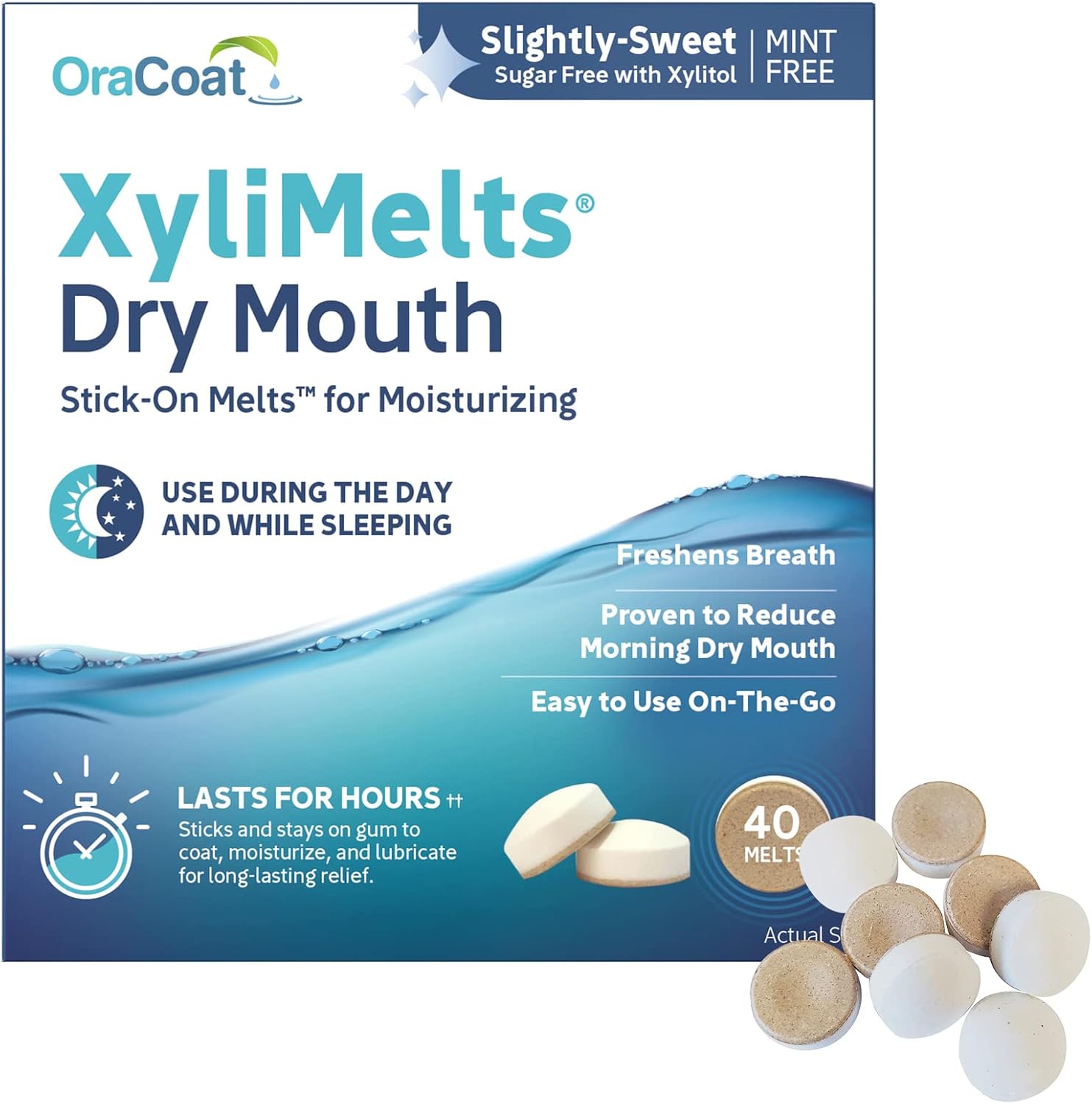 Oracoat XyliMelts for Dry Mouth Night Time or Day - Moisturizing Dry Mouth Adhering Discs, Sugar Free with Xylitol, 40 Count, Slightly-Sweet Flavor